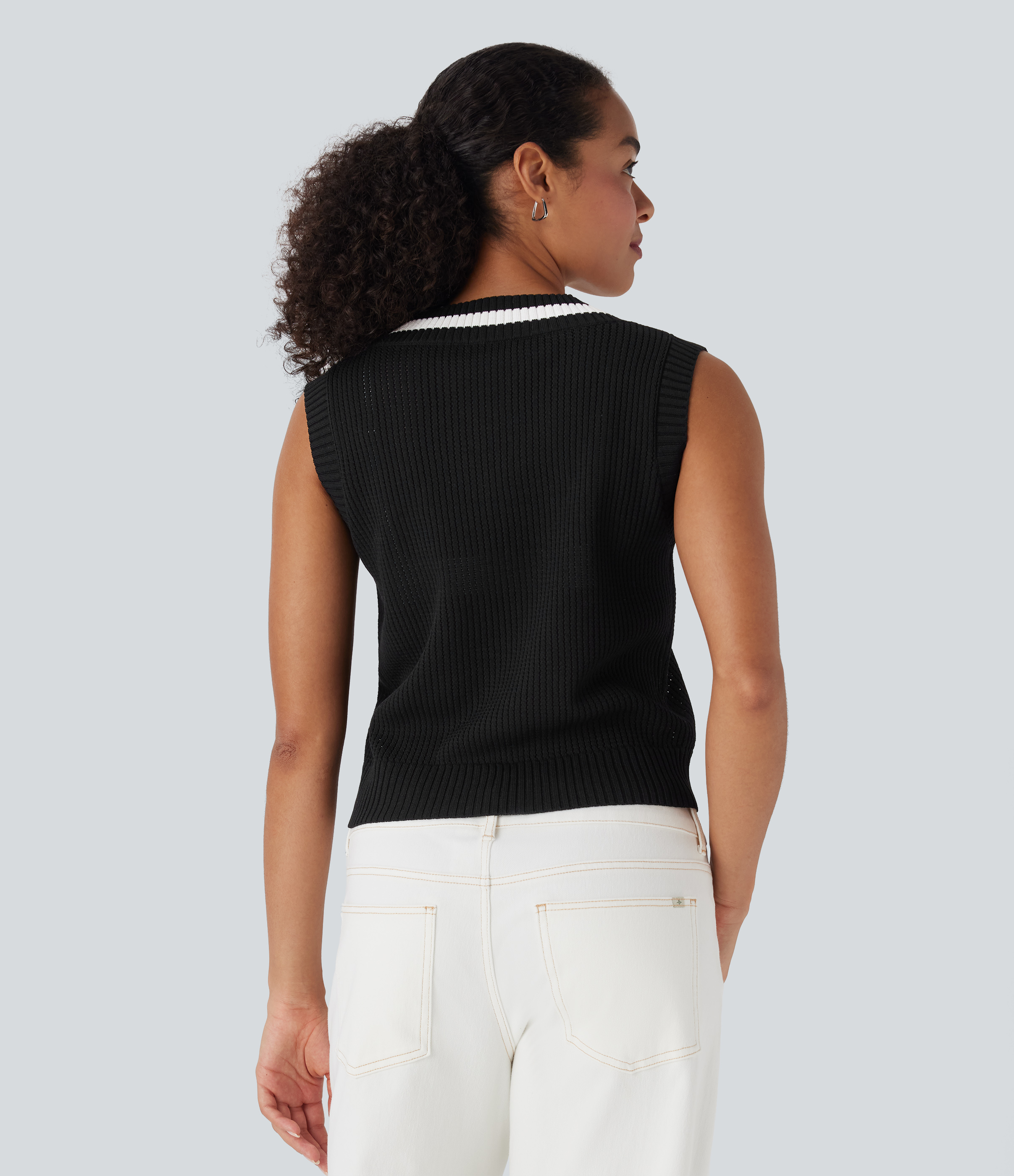 Black Suéter casual tipo chaleco con cuello en V y bloques de color / 2