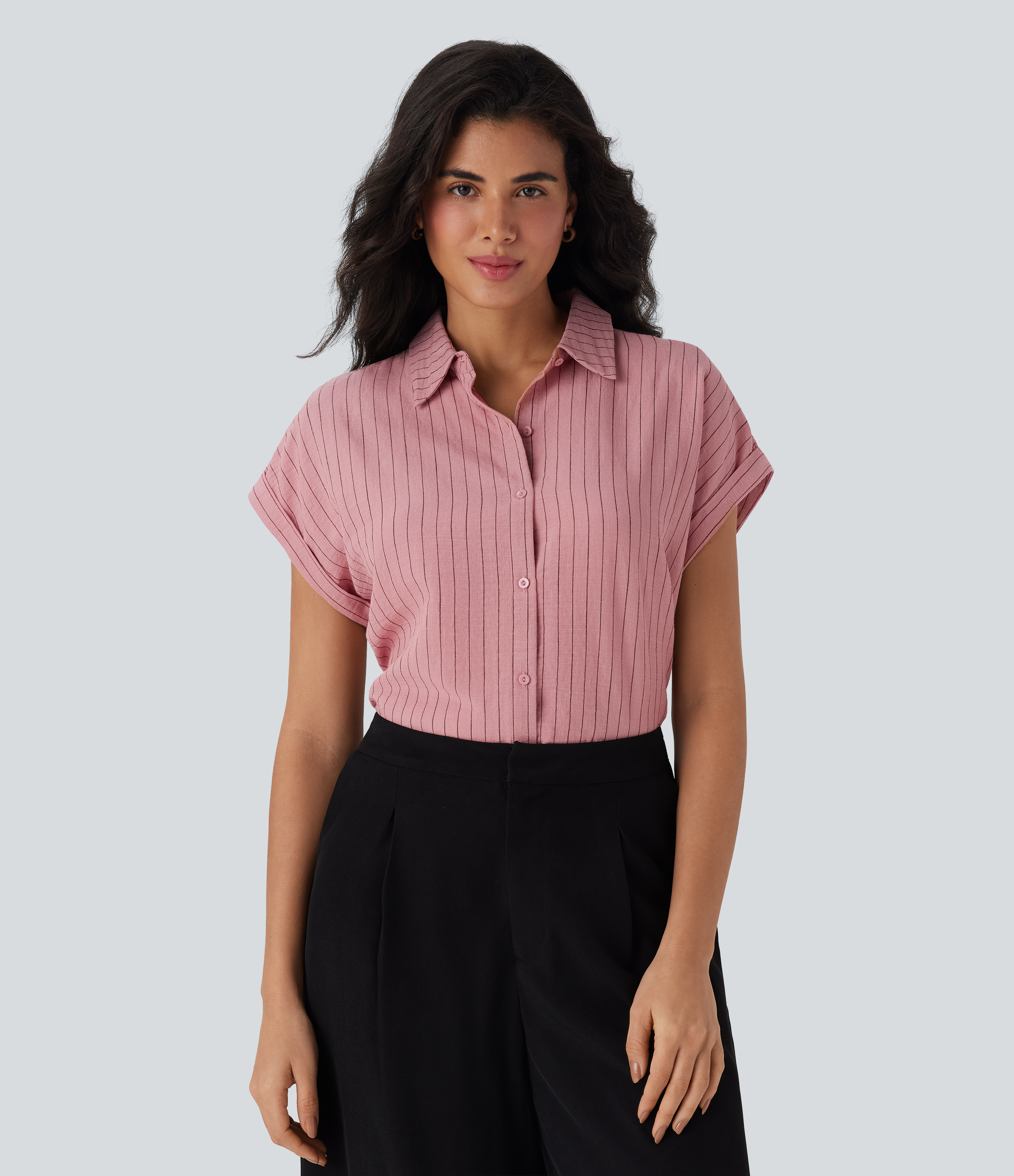 Short Sleeve Stripe Work Linen-Feel Shirt