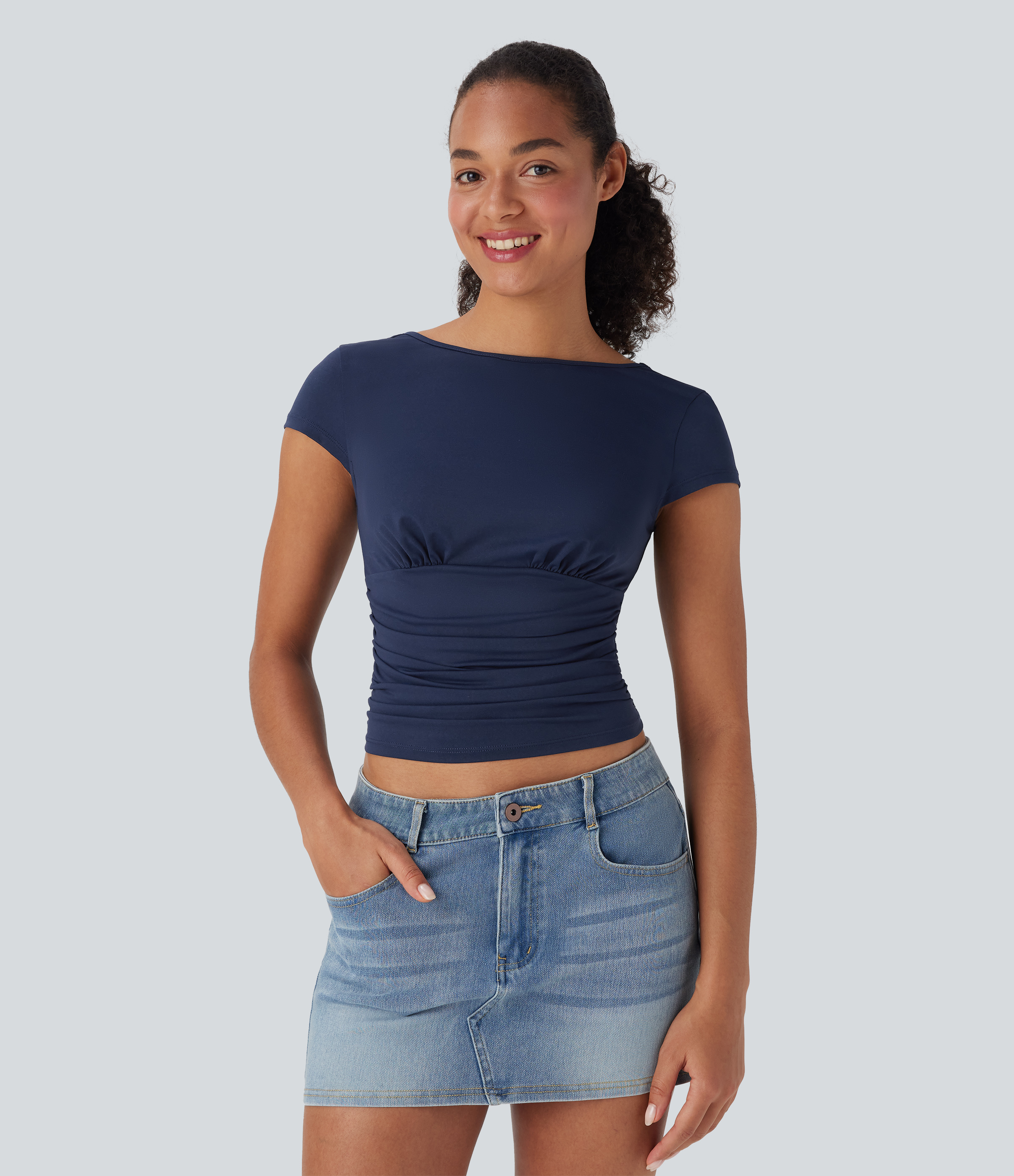 Assad Dark Blue Top de fiesta ajustado fruncido con espalda abierta / 2