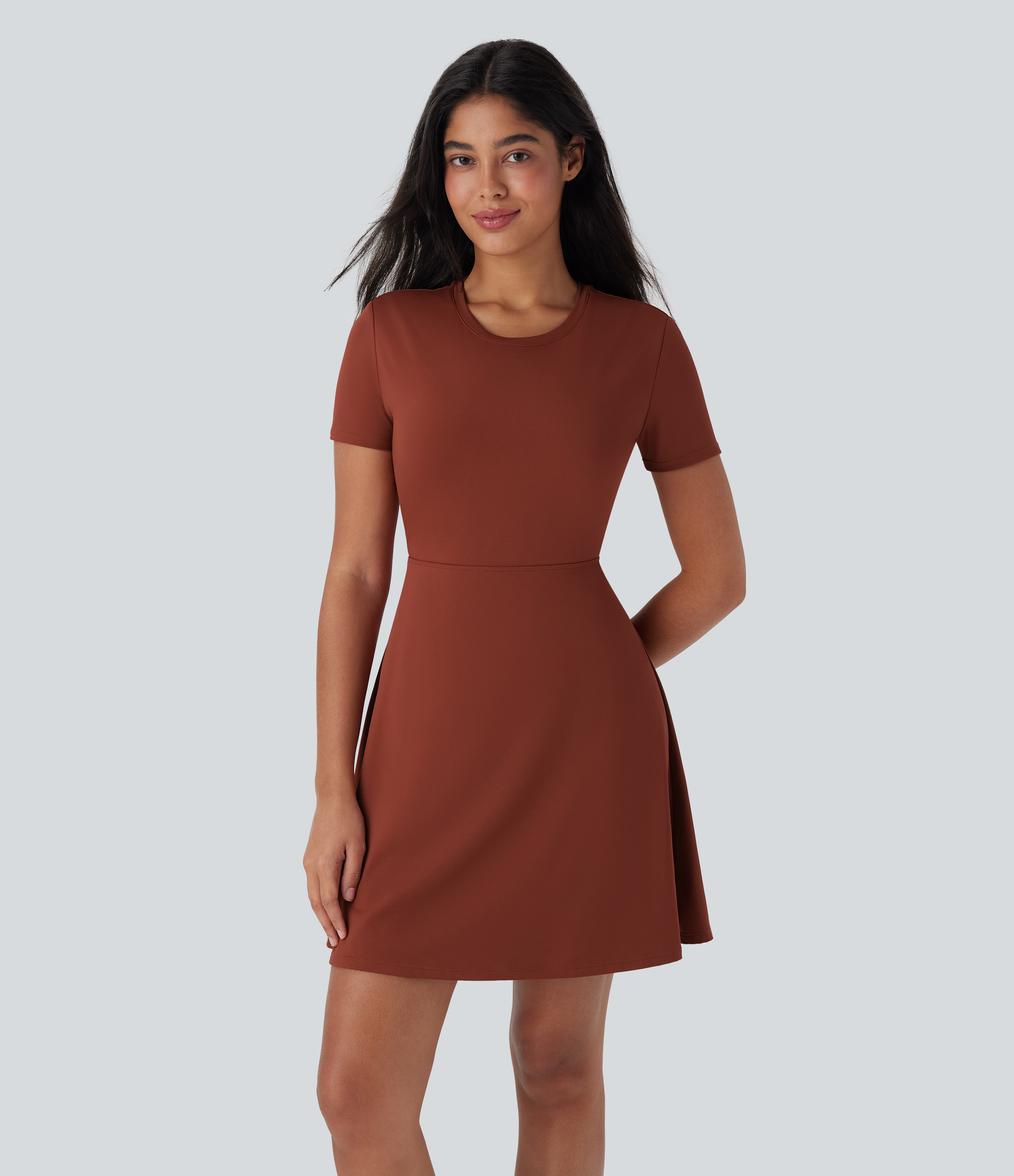 Brandy Brown Vestido mini de baile con abertura y falda acampanada en copas D-F / 2