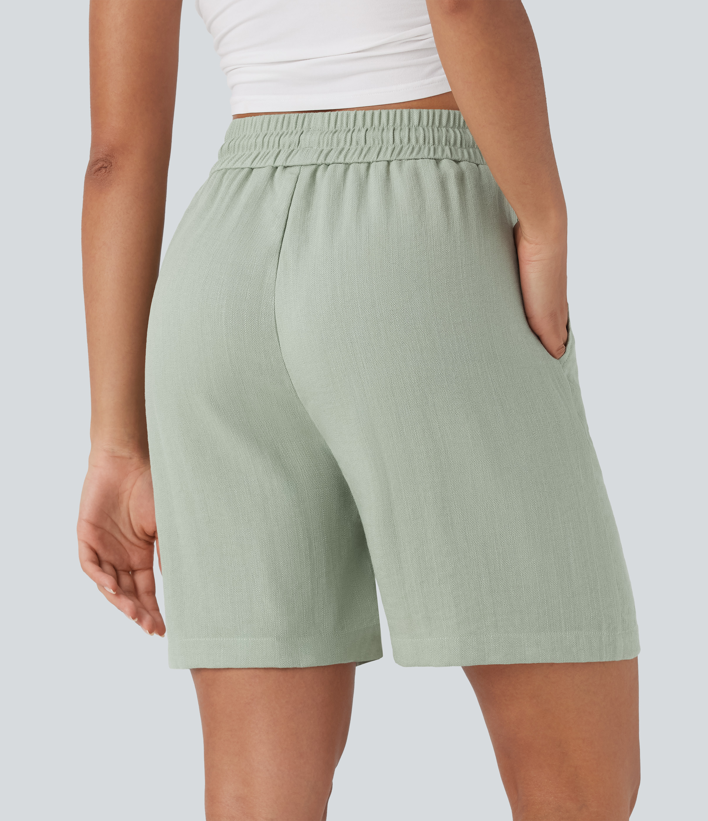 Pale Aqua Shorts casuales de lino con tiro alto y cordón ajustable con bolsillos laterales / 2