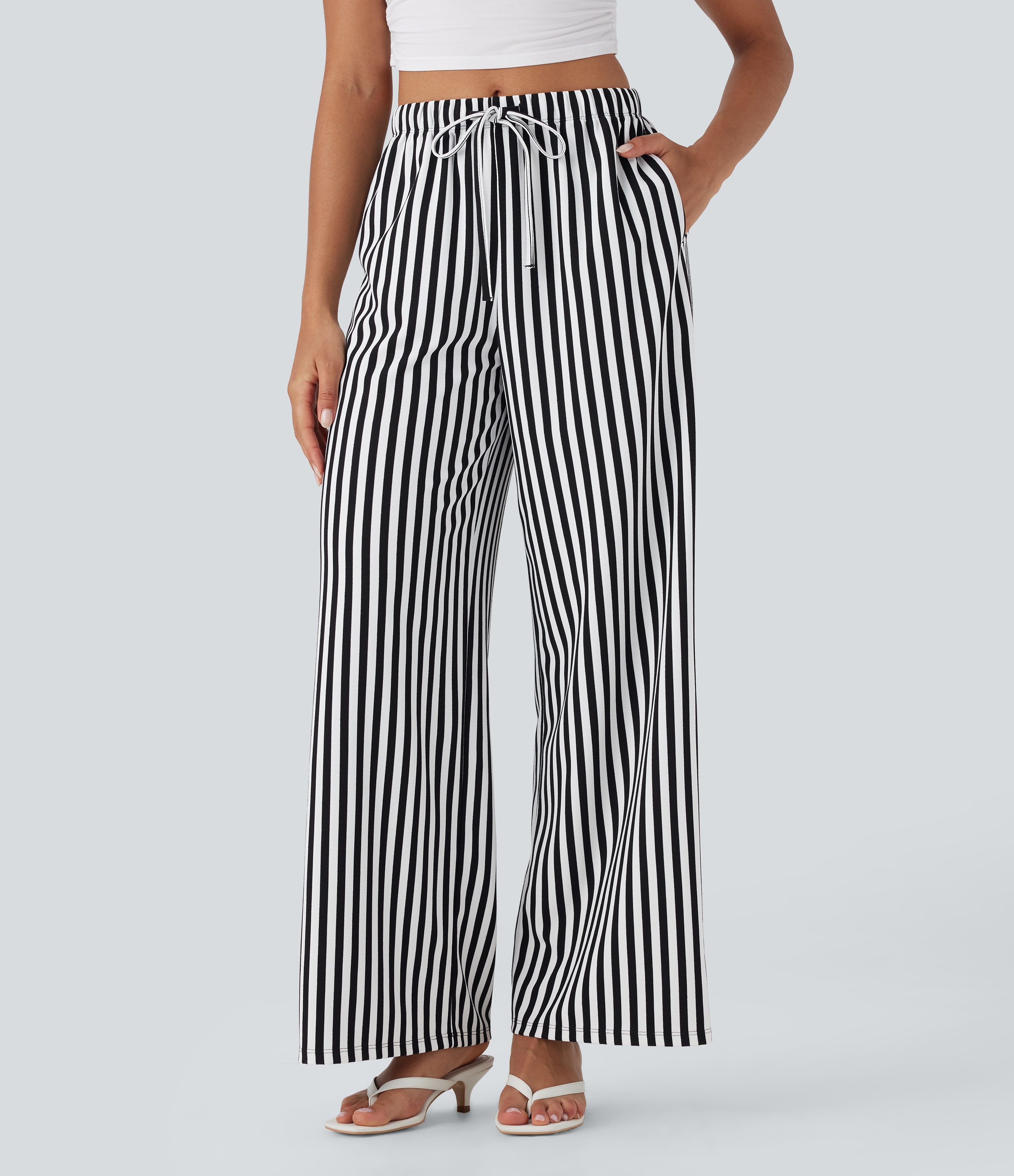 High Waisted Drawstring Stripe Waffle Wide Leg Pants with Pockets