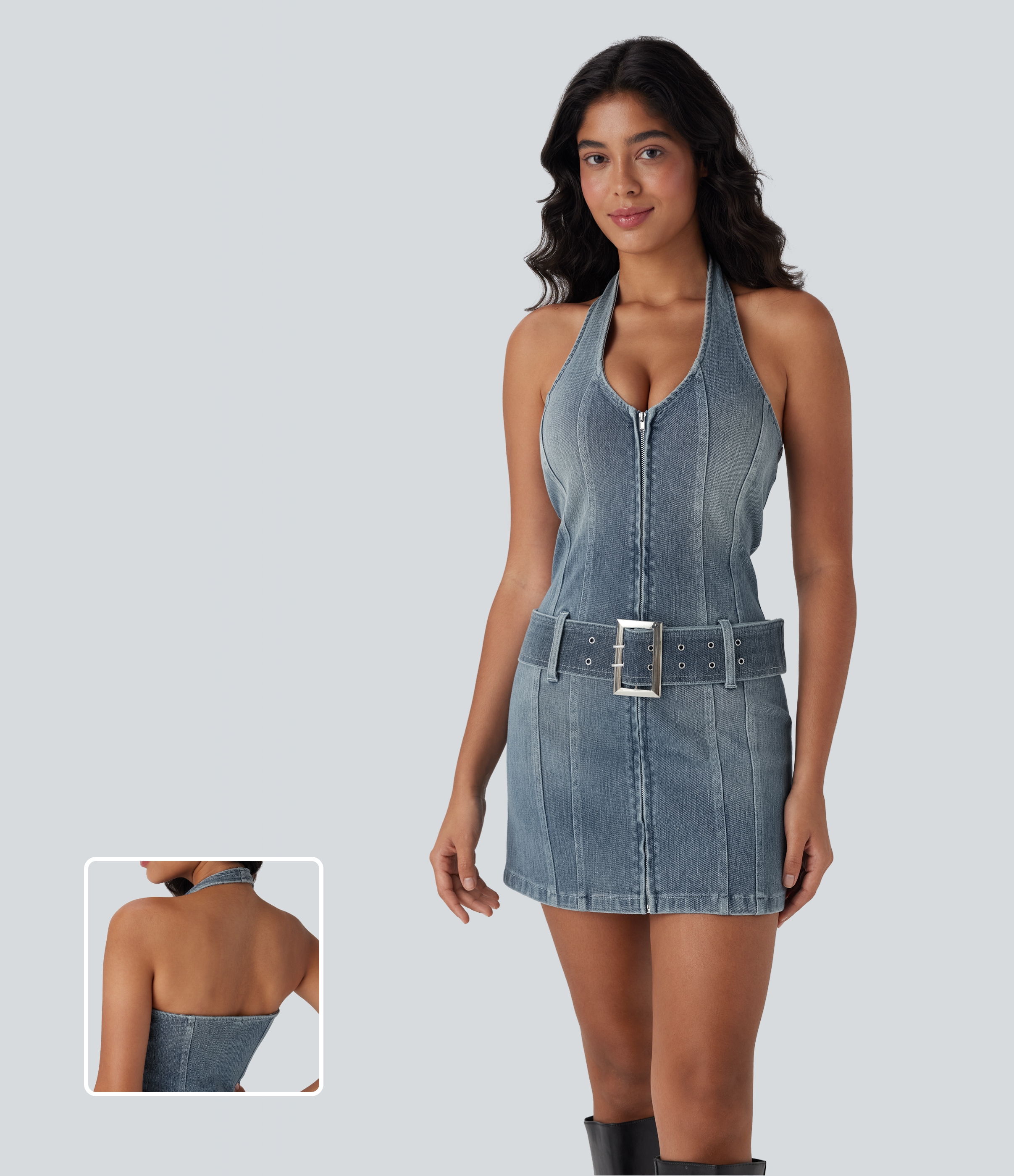 Halara Flex™ - Rückenfreies, figurbetontes, verwaschenes Freizeitkleid aus elastischem Strick-Denim mit Neckholder, Reißverschluss und Gürtel