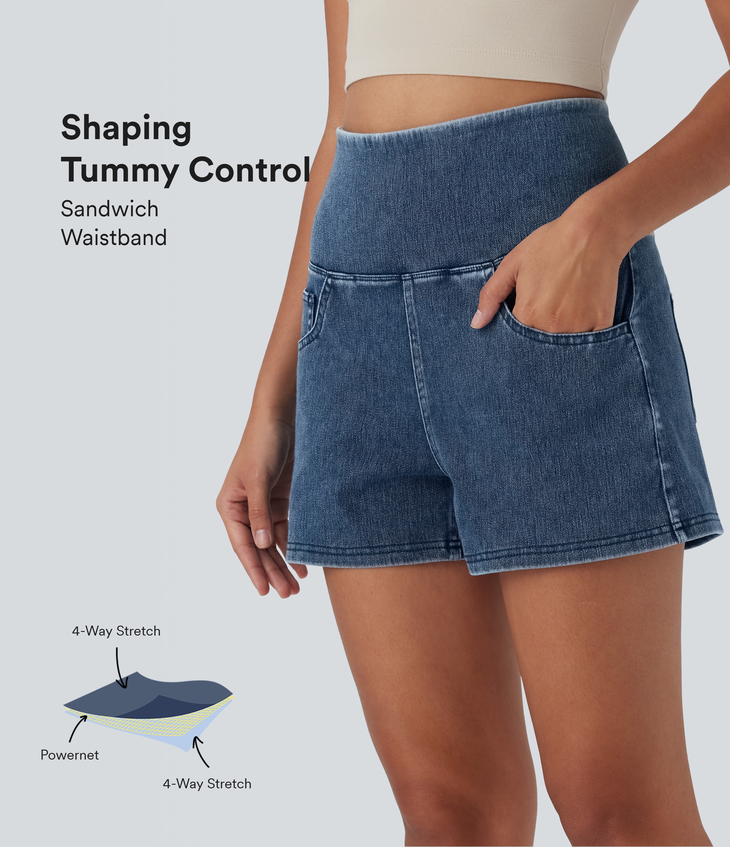 Halara Flex™ - Lässige Denim-Shorts mit hohem Bund, Seitentaschen und Bauchkontrolle - 7,6 cm