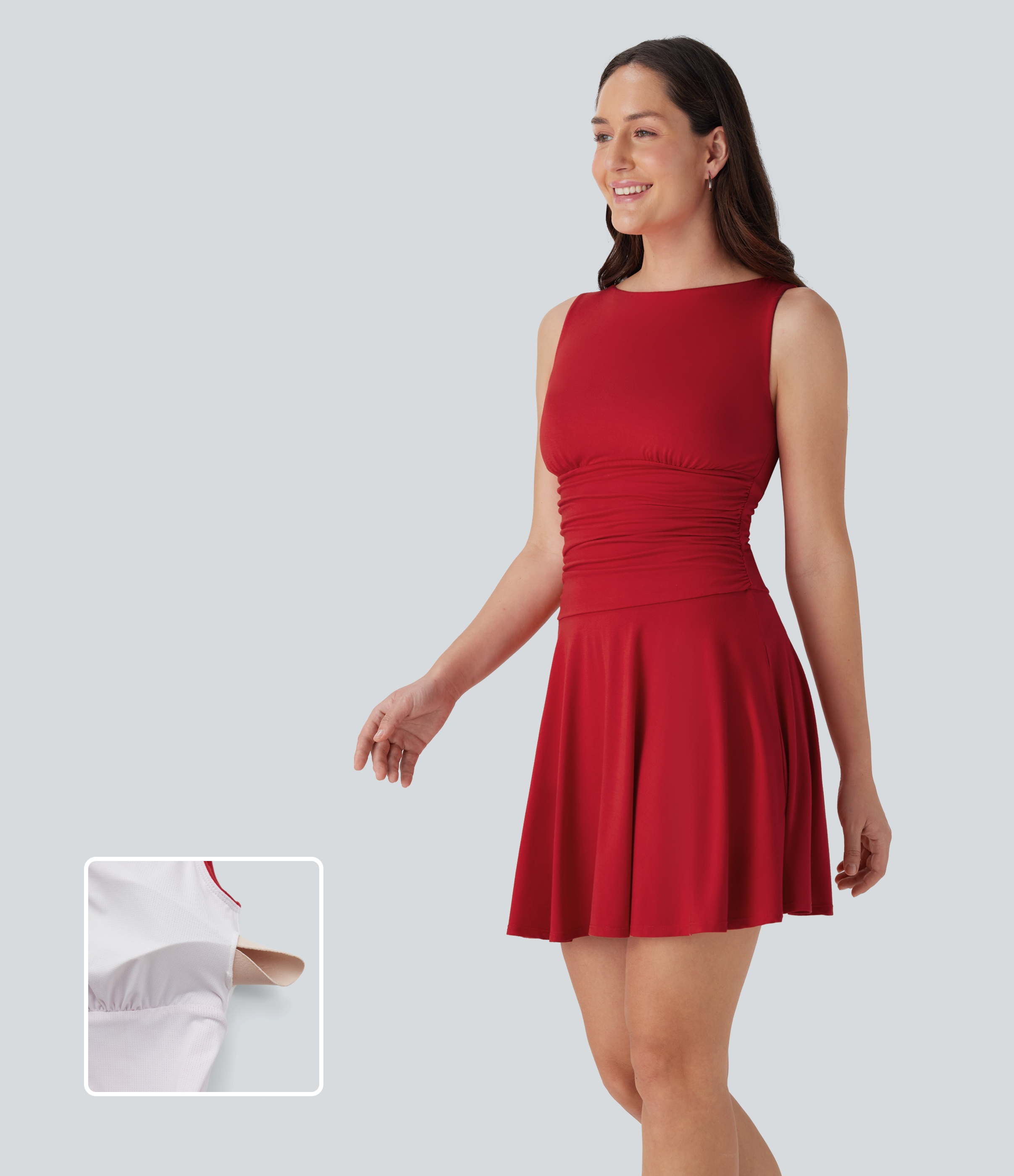Haute Red Vestido mini fluido cuello barco sin mangas fruncido / 1
