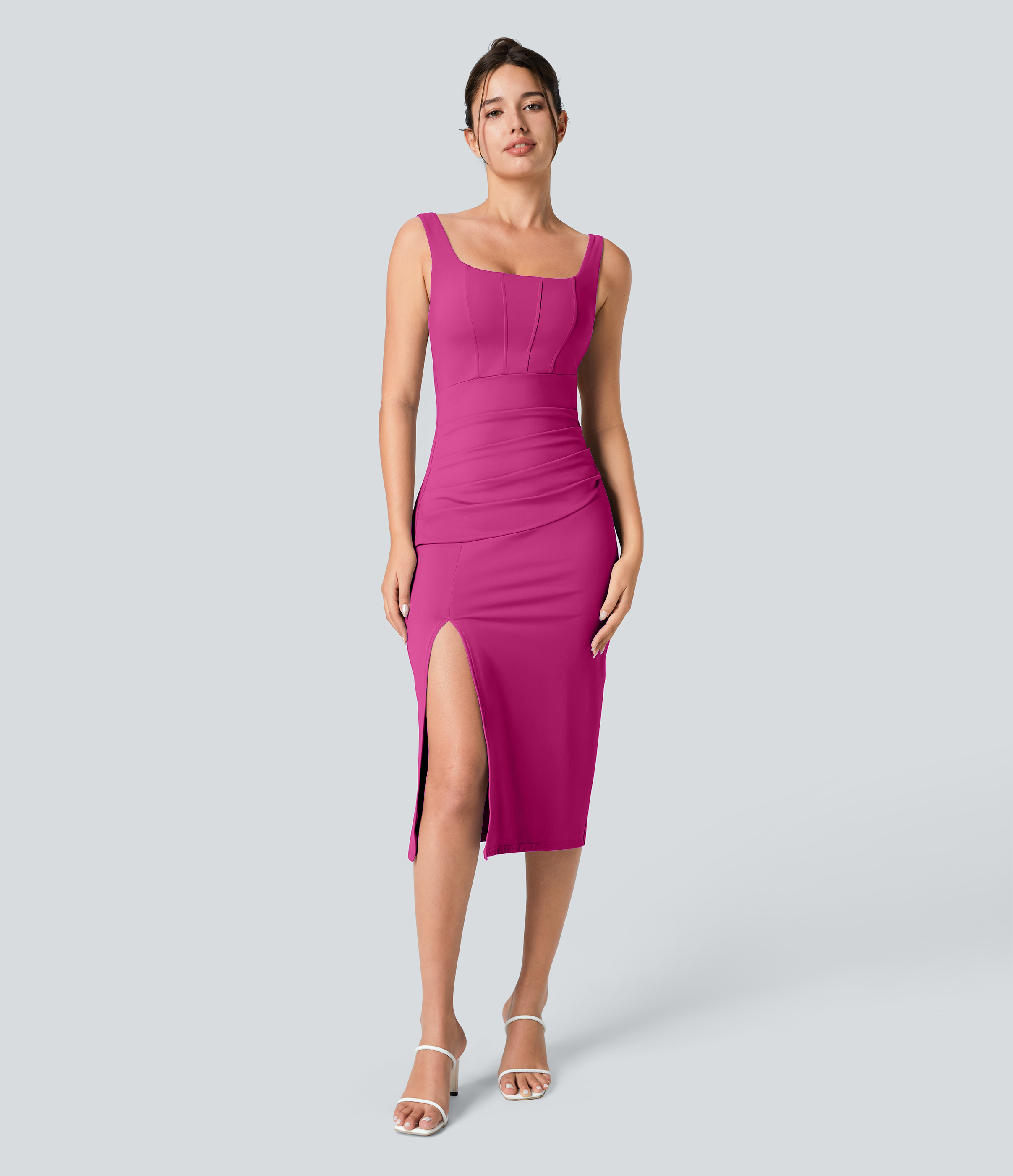 SoftlyZero™ Airy Square Neck Backless Corset Ruched Split Bodycon Midi Cool Touch Bridesmaid and Wedding Guest Dress