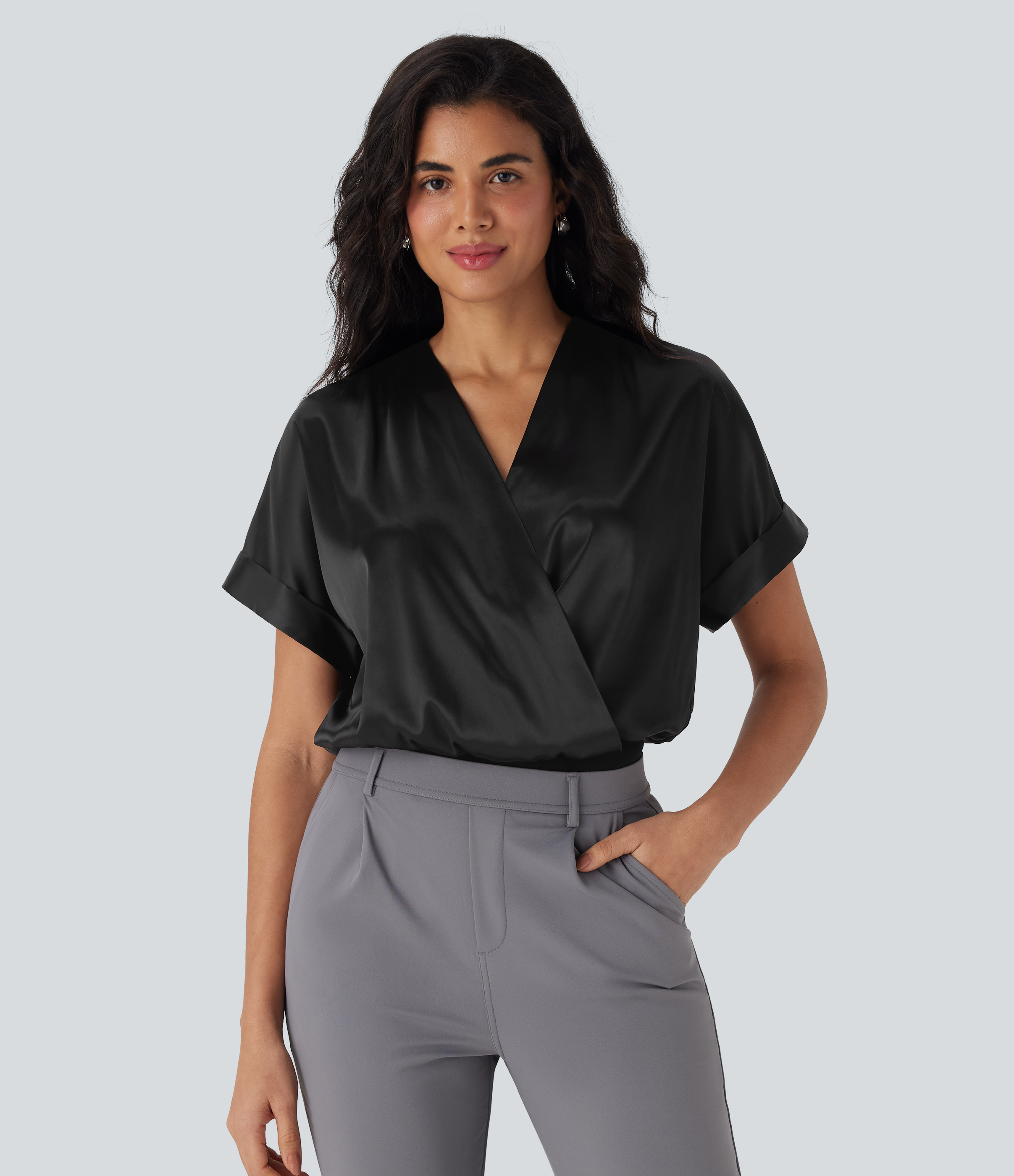 Crossover V-Neck Batwing-Sleeve Snap Button Satin Work Bodysuit