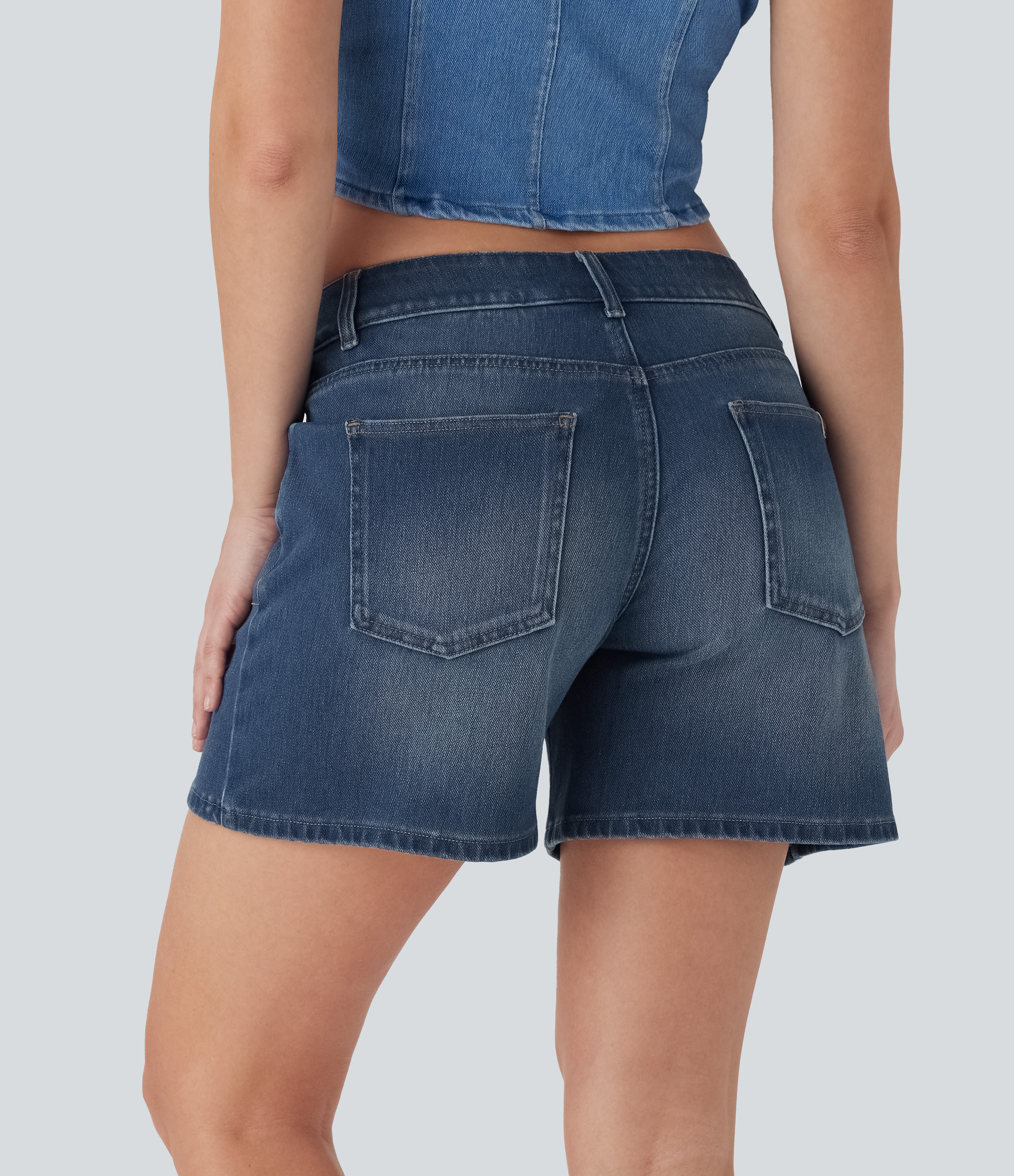  Blue Jasper Denim Halara Flex™ Asymmetric Low Rise Pockets Washed Denim Casual Shorts / 2