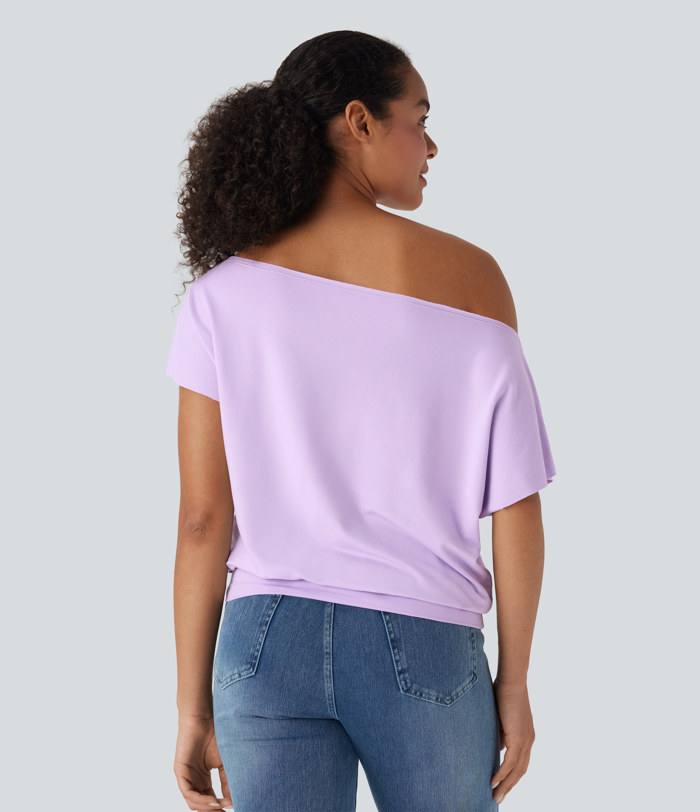 Far Purple Top casual de manga corta con un hombro al descubierto / 2