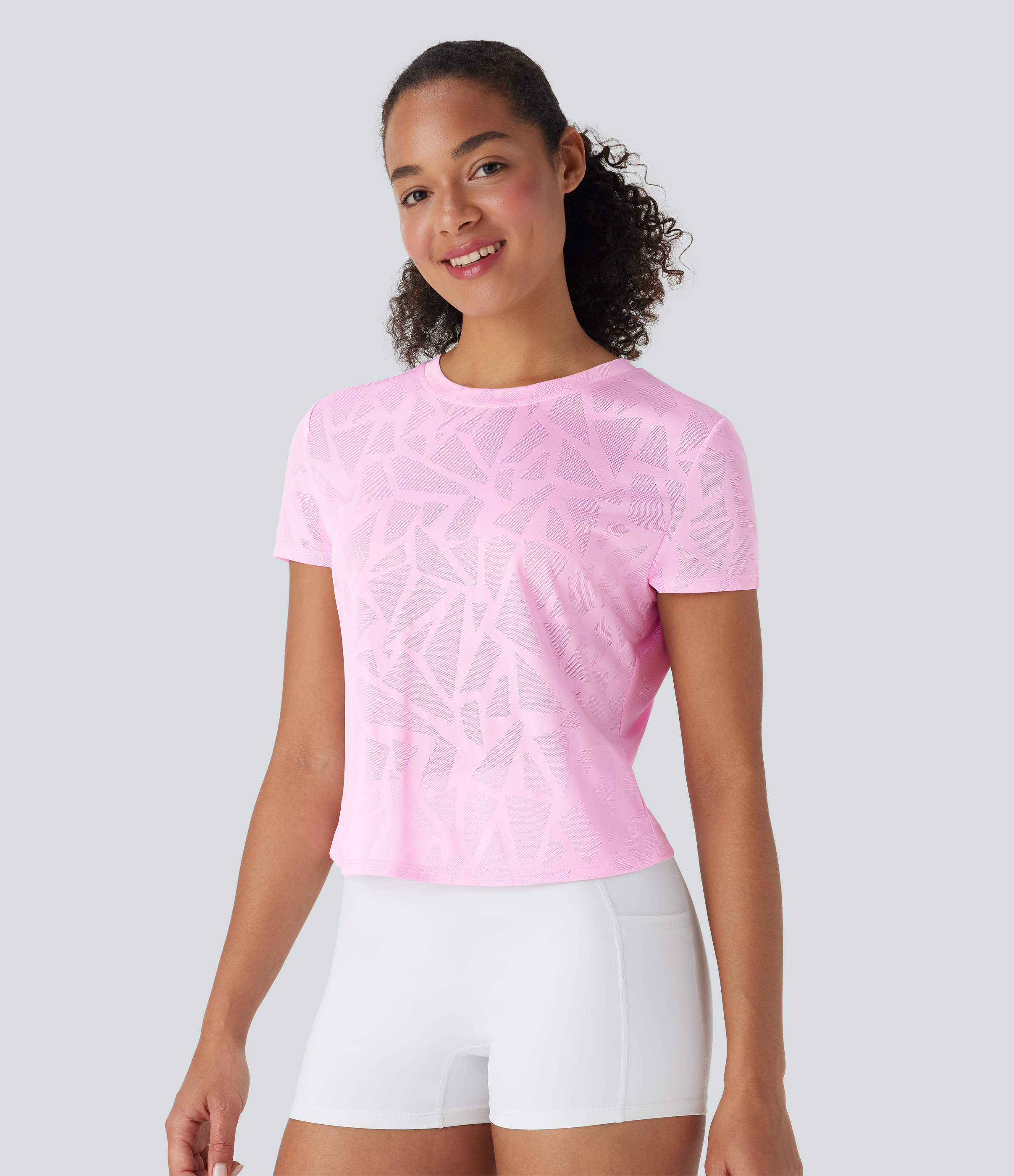 Pink Soft Frosting Top deportivo de yoga con dobladillo cruzado de jacquard sin costuras / 1
