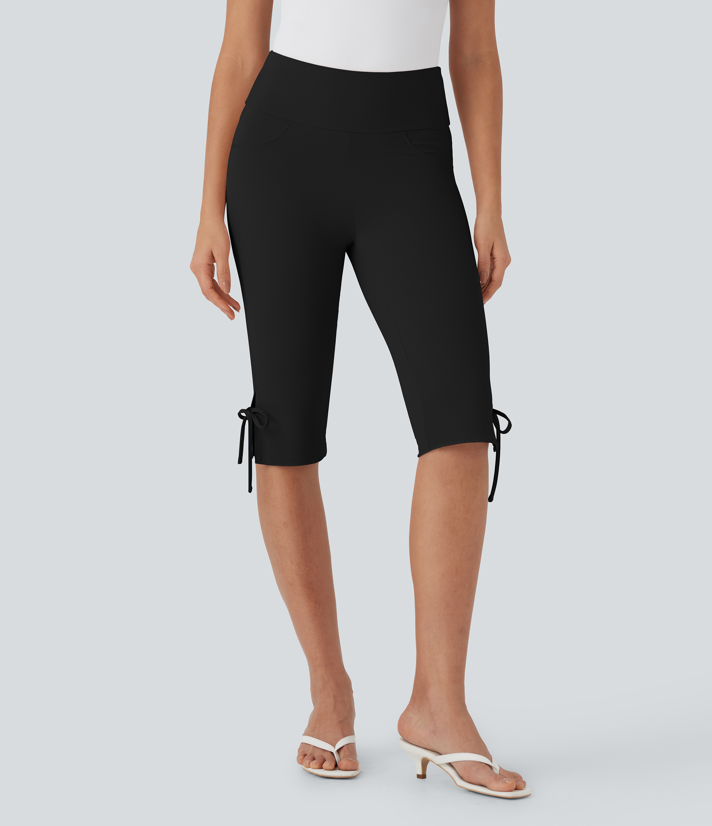 Black Mid Rise Lace Up Capri Casual Pants with Pockets / 2