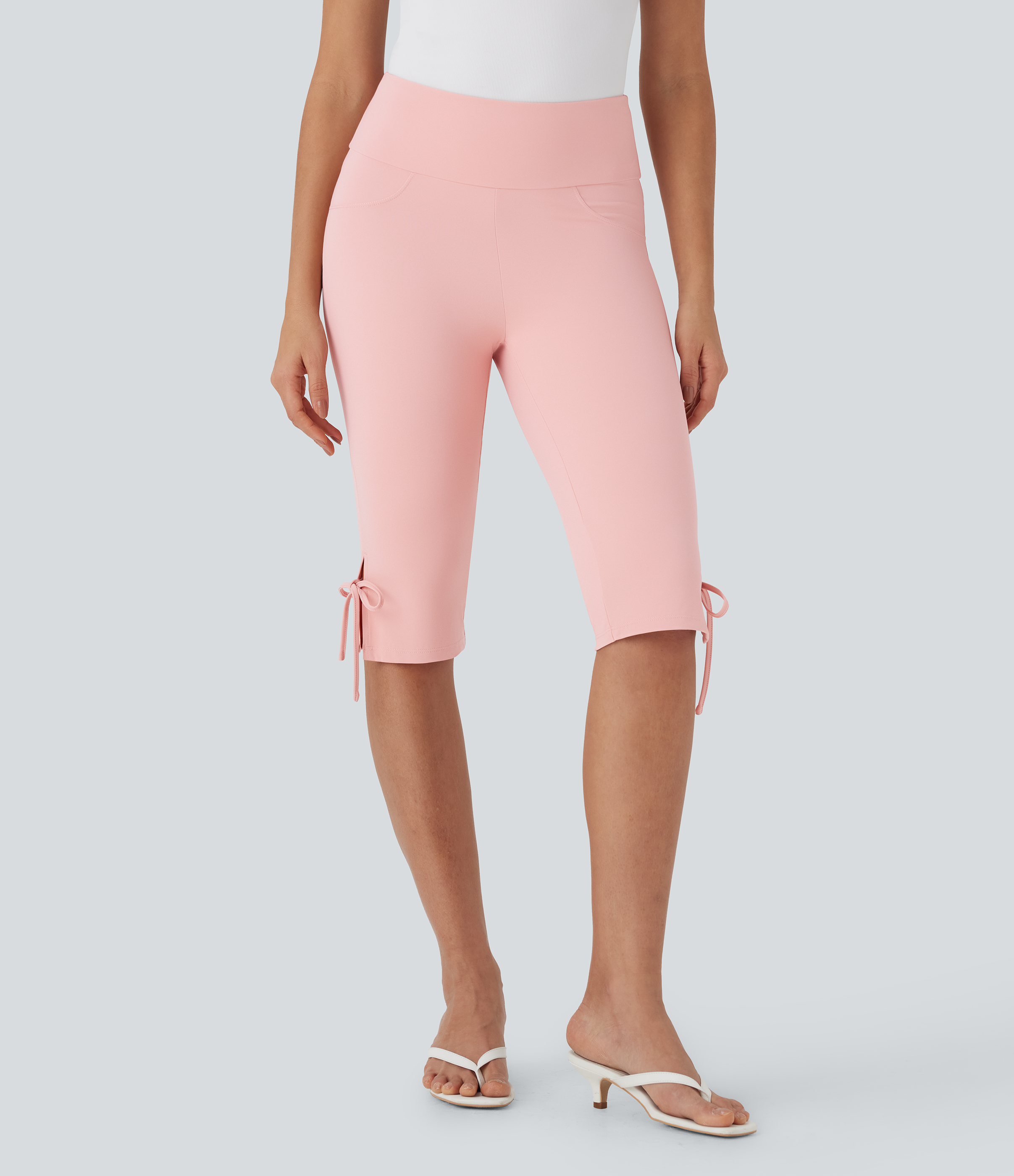 Veiled Pink Pantalones capri casuales de tiro medio con cordones y bolsillos traseros / 2
