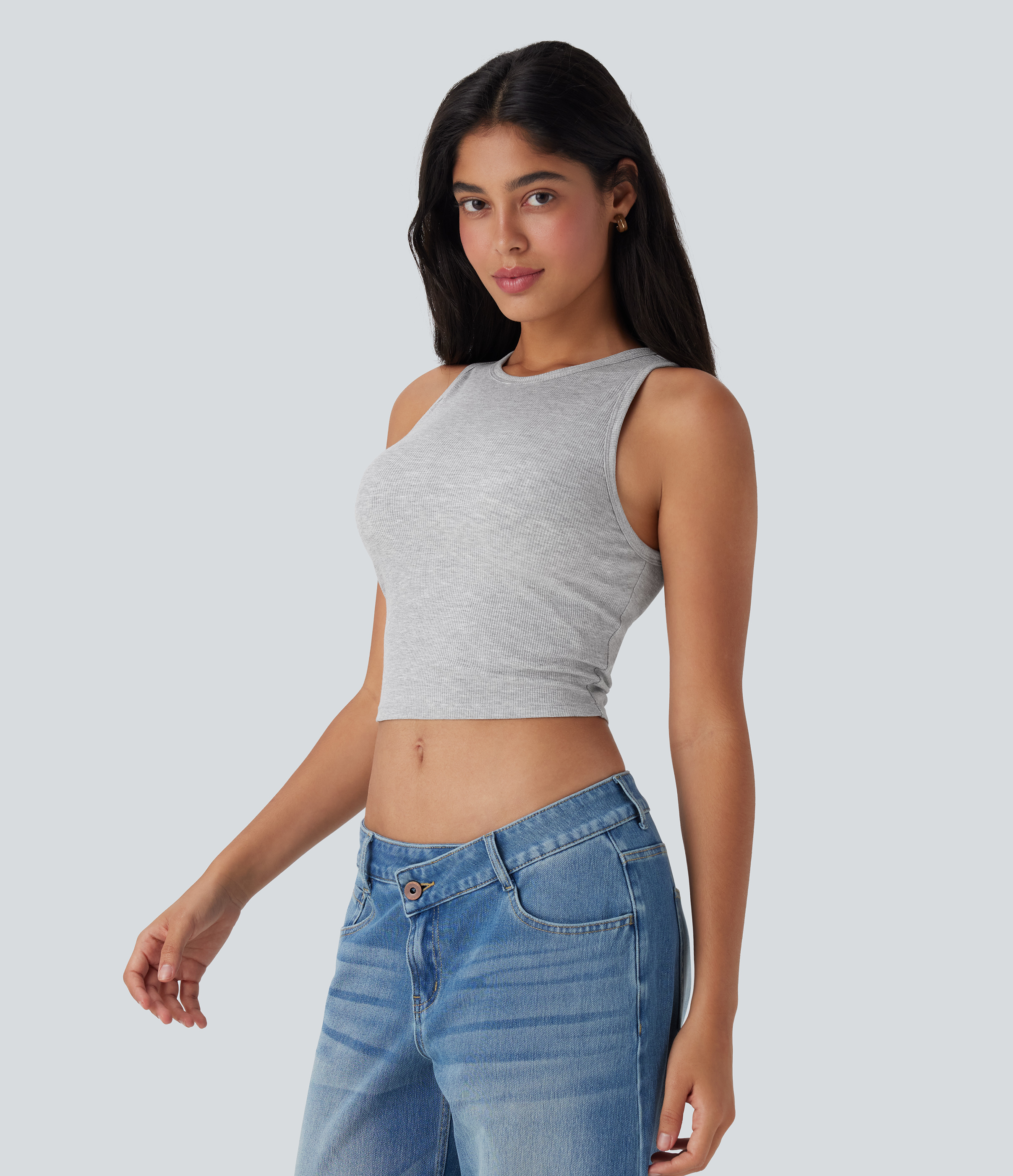 Mottled Grey Top corto sin mangas casual con cuello redondo / 2