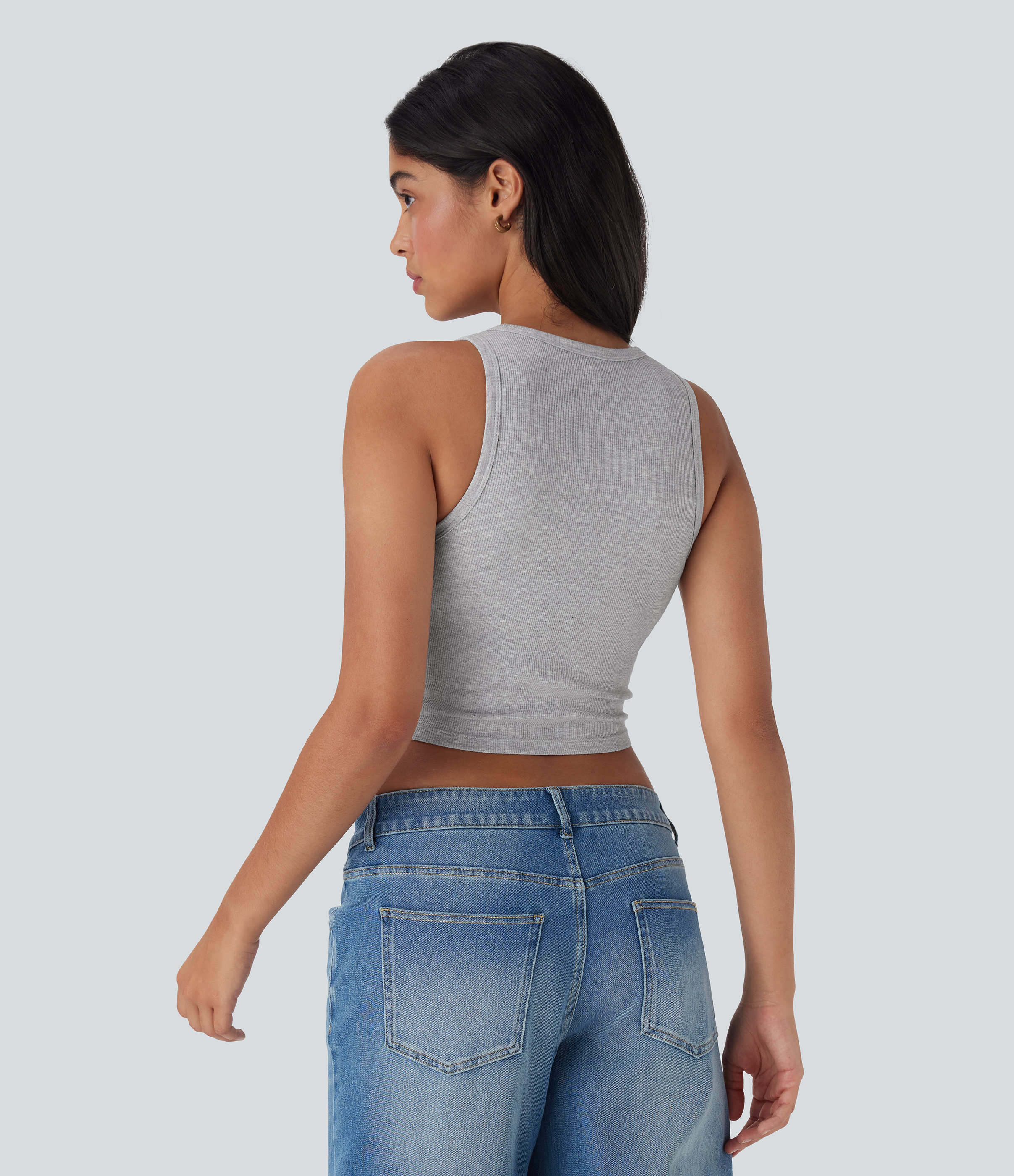 Mottled Grey Top corto casual sin mangas con cuello redondo / 2