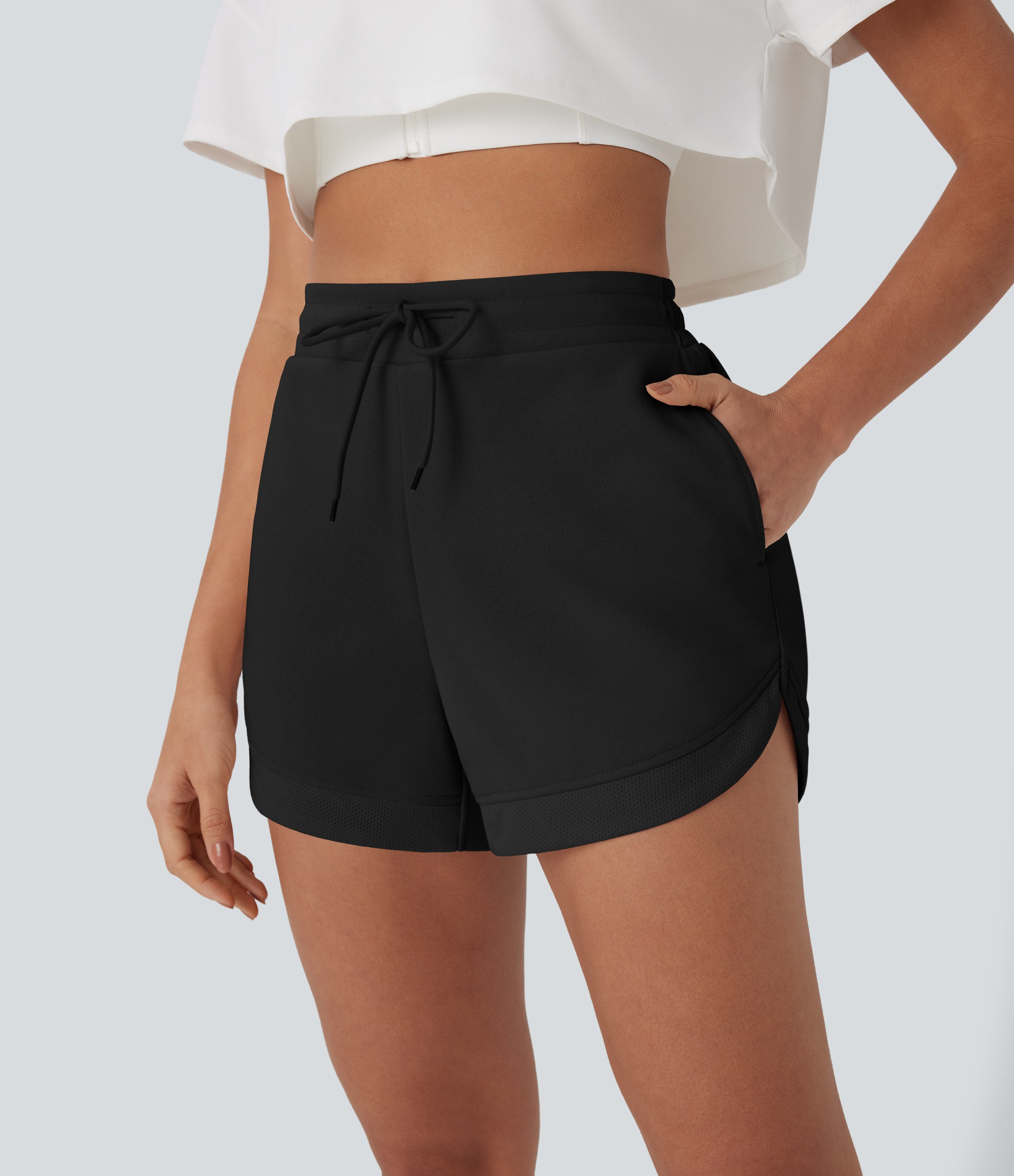 Black High Waisted Drawstring Contrast Mesh Curved Hem Yoga Shorts with Pockets / 1