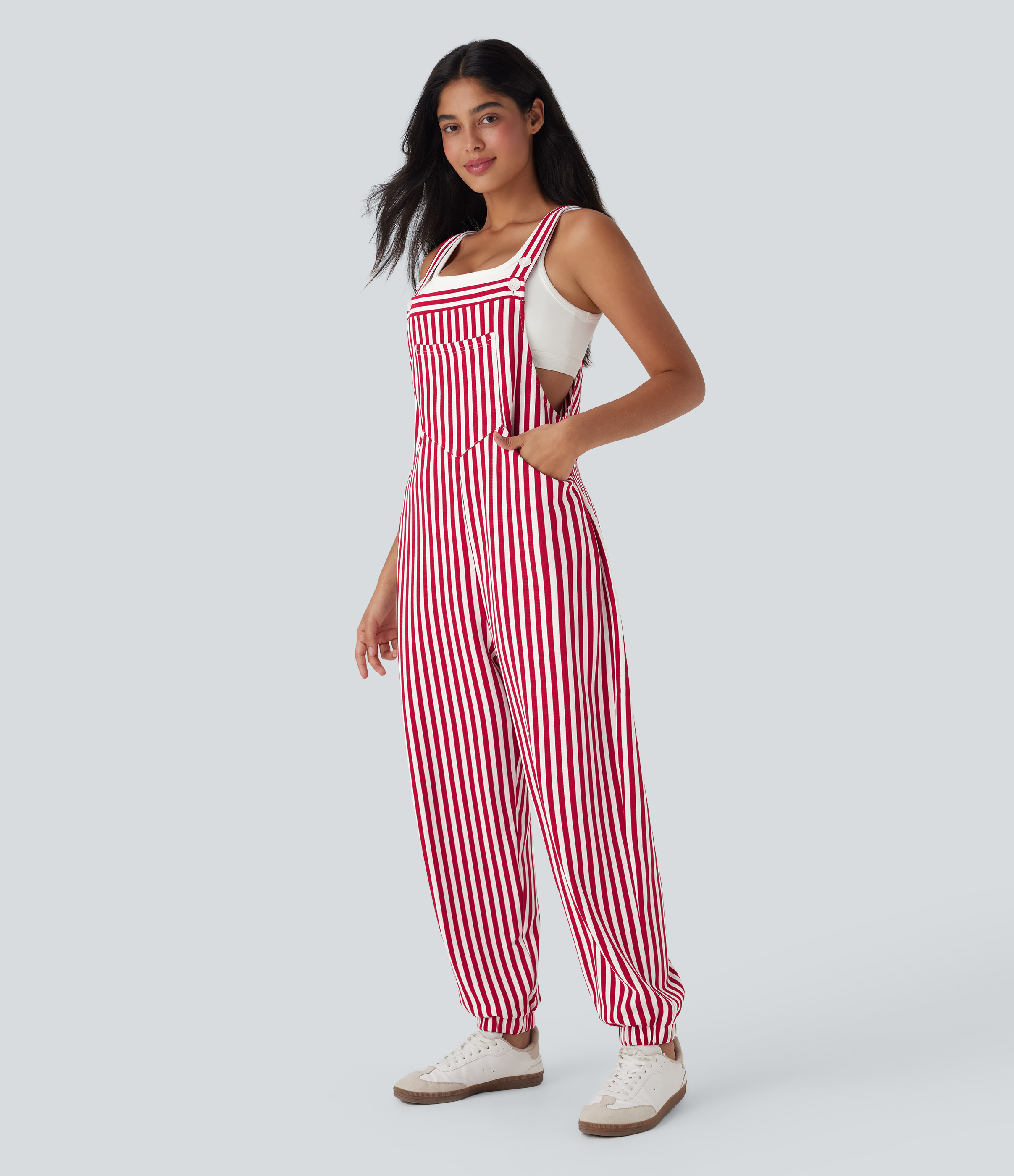 Adjustable Strap Button Stripe Waffle Resort Jogger Overalls with Multiple Pockets