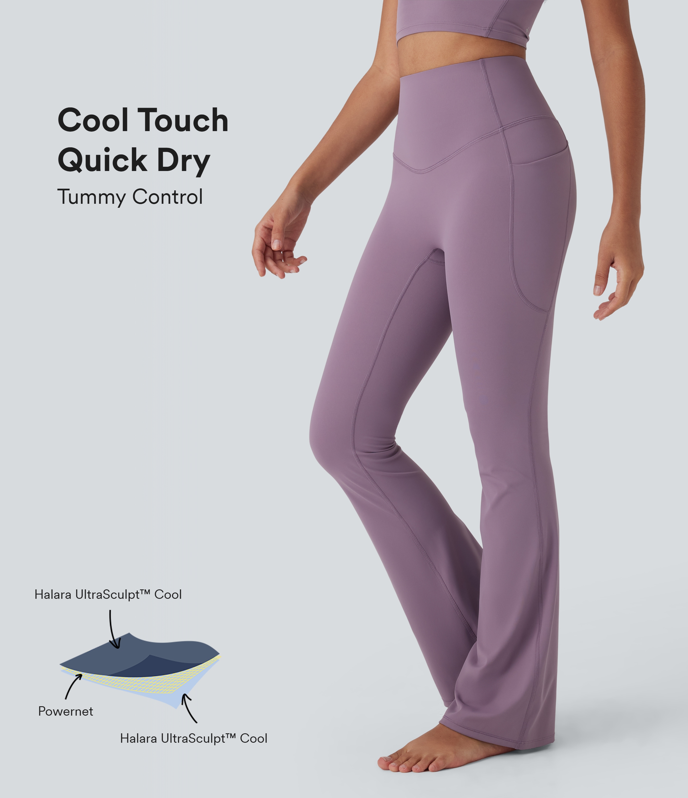 Leggings de yoga acampanados Halara UltraSculpt™ Refrescante de secado rápido con tiro alto, moldeador de abdomen y bolsillos - UPF 50+ 