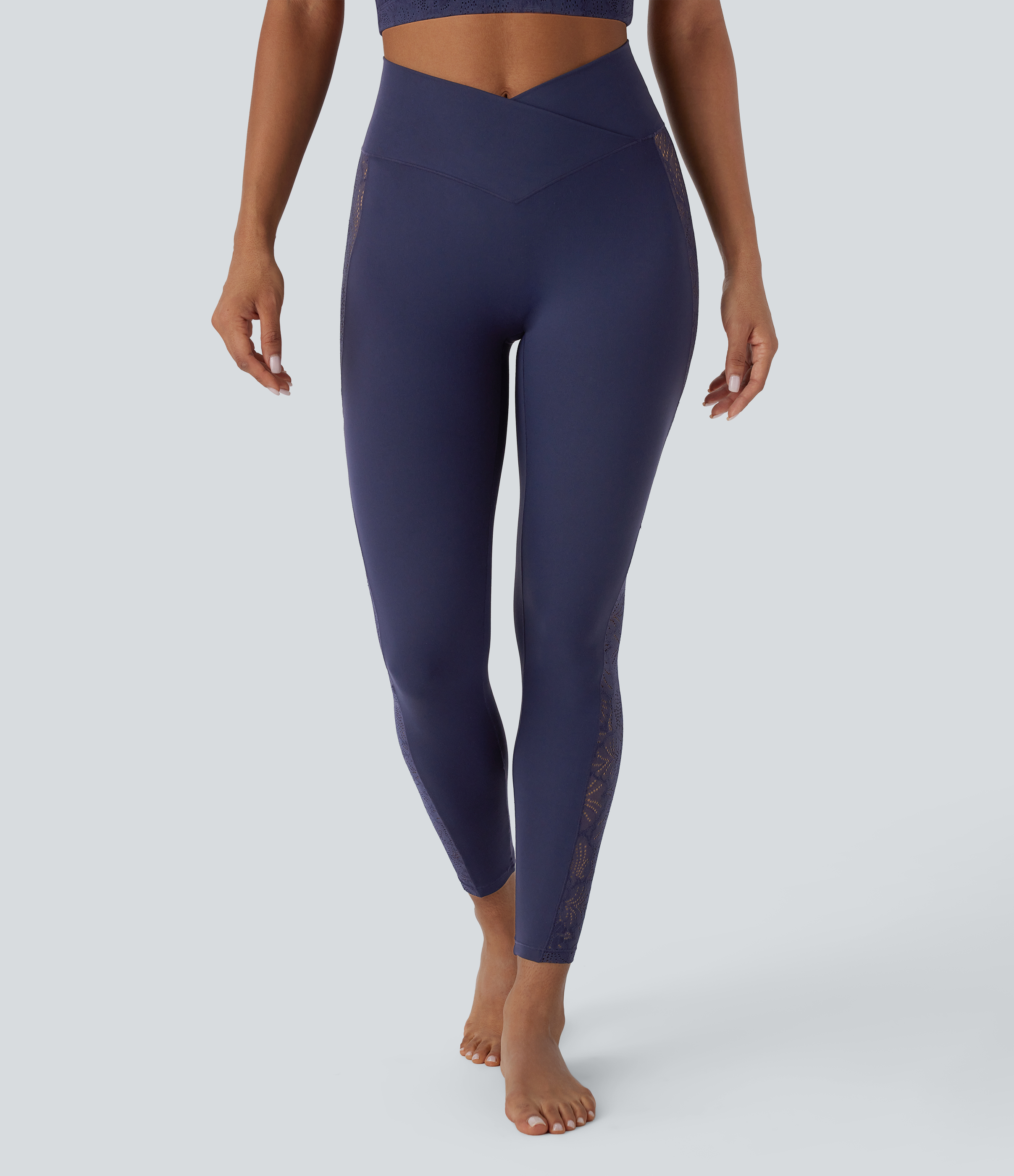 Peacoat Softlyzero™ High Waisted Crossover Contrast Lace Built-in Underwear Yoga Leggings with Pocket-UPF50+ / 2