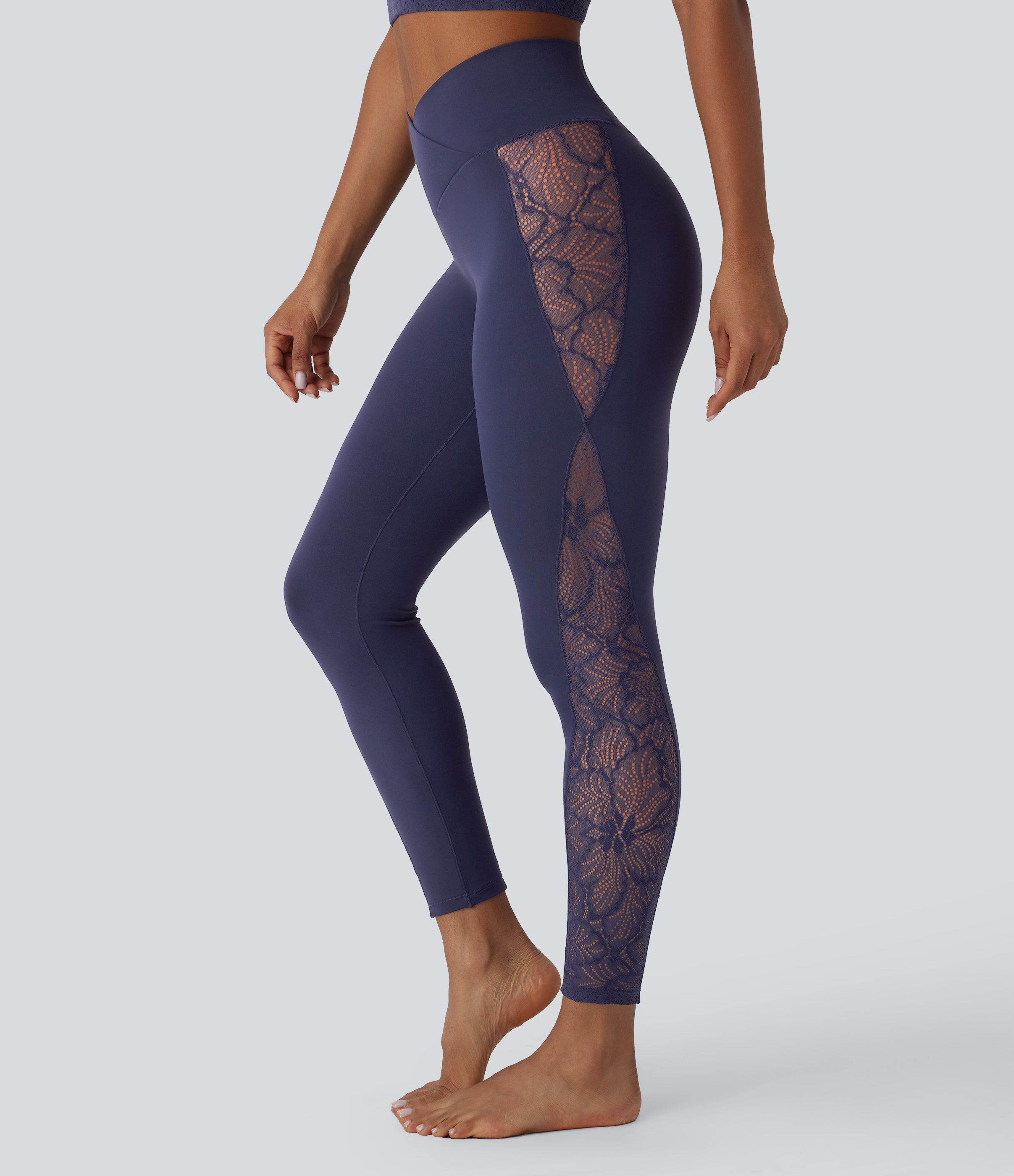 SoftlyZero™ Leggings de yoga taille haute à effet crossover, de couleurs contrastées, ornés de dentelle, avec culotte intégrée et poche - UPF50+