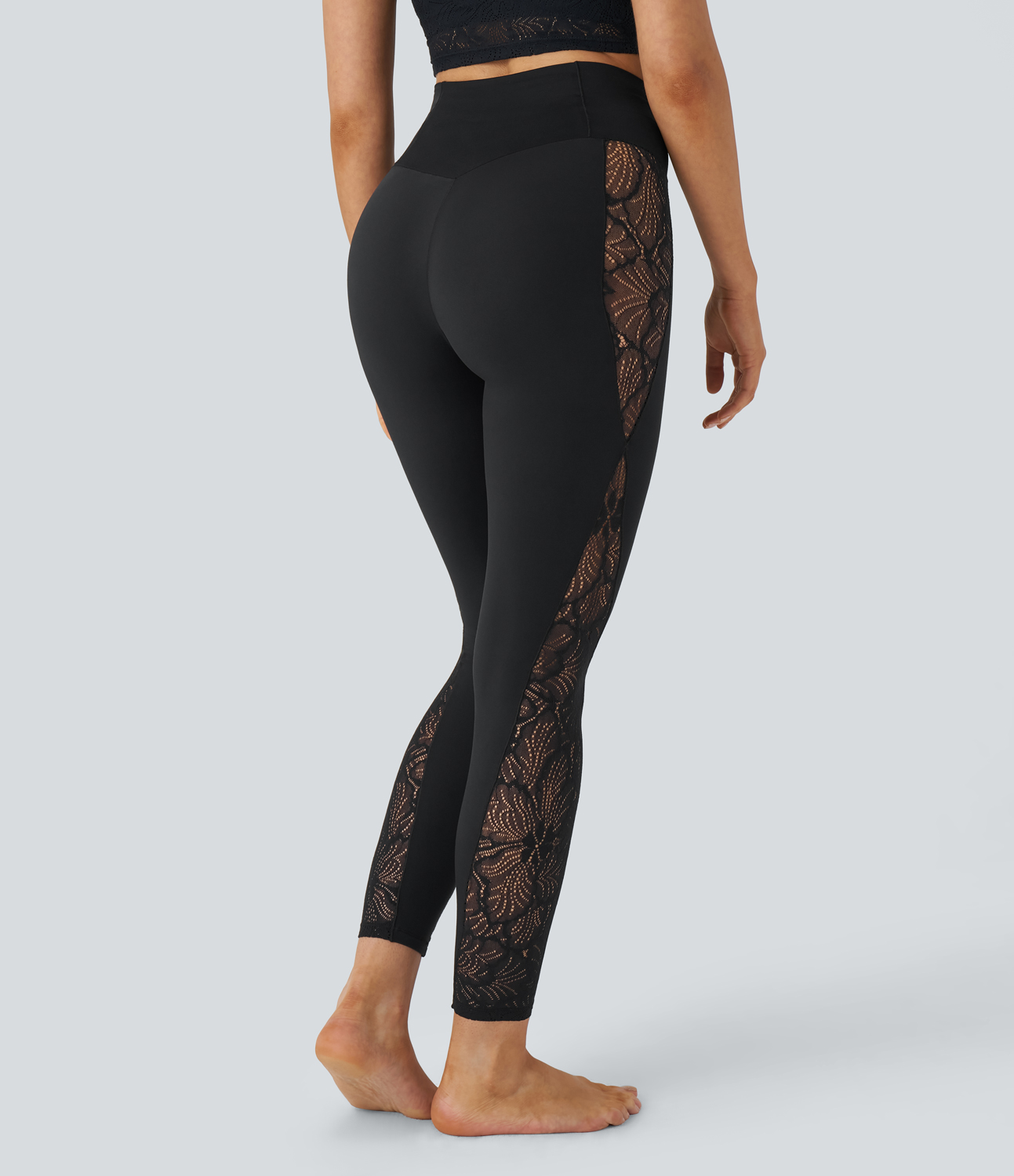 Schwarz SoftlyZero™ High Waist Crossover Kontrast-Spitze Integrierte Unterwäsche Yoga-Leggings mit Tasche-UPF50+ / 2