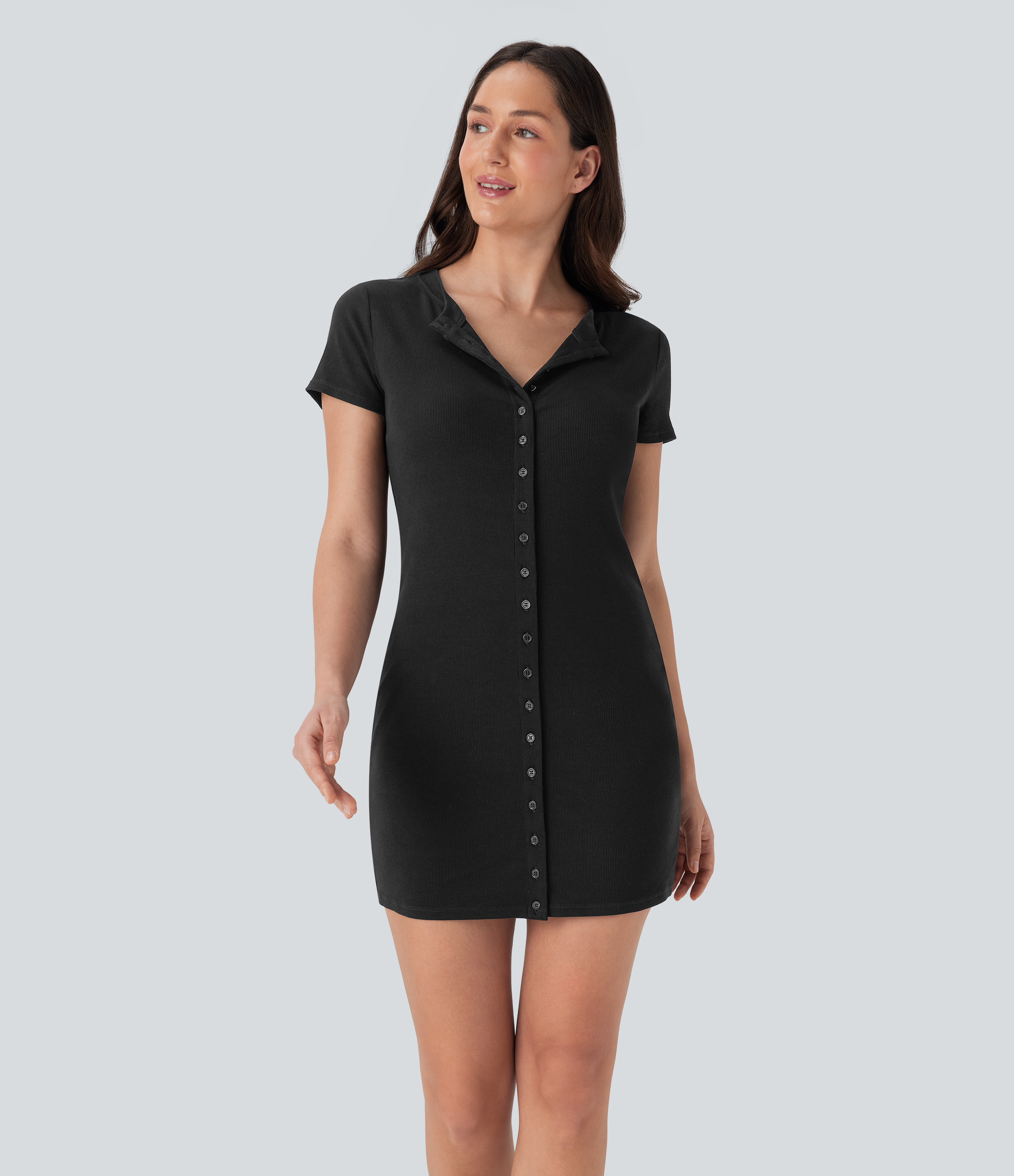 Black Vestido mini casual de punto acanalado con cuello redondo y botones / 1