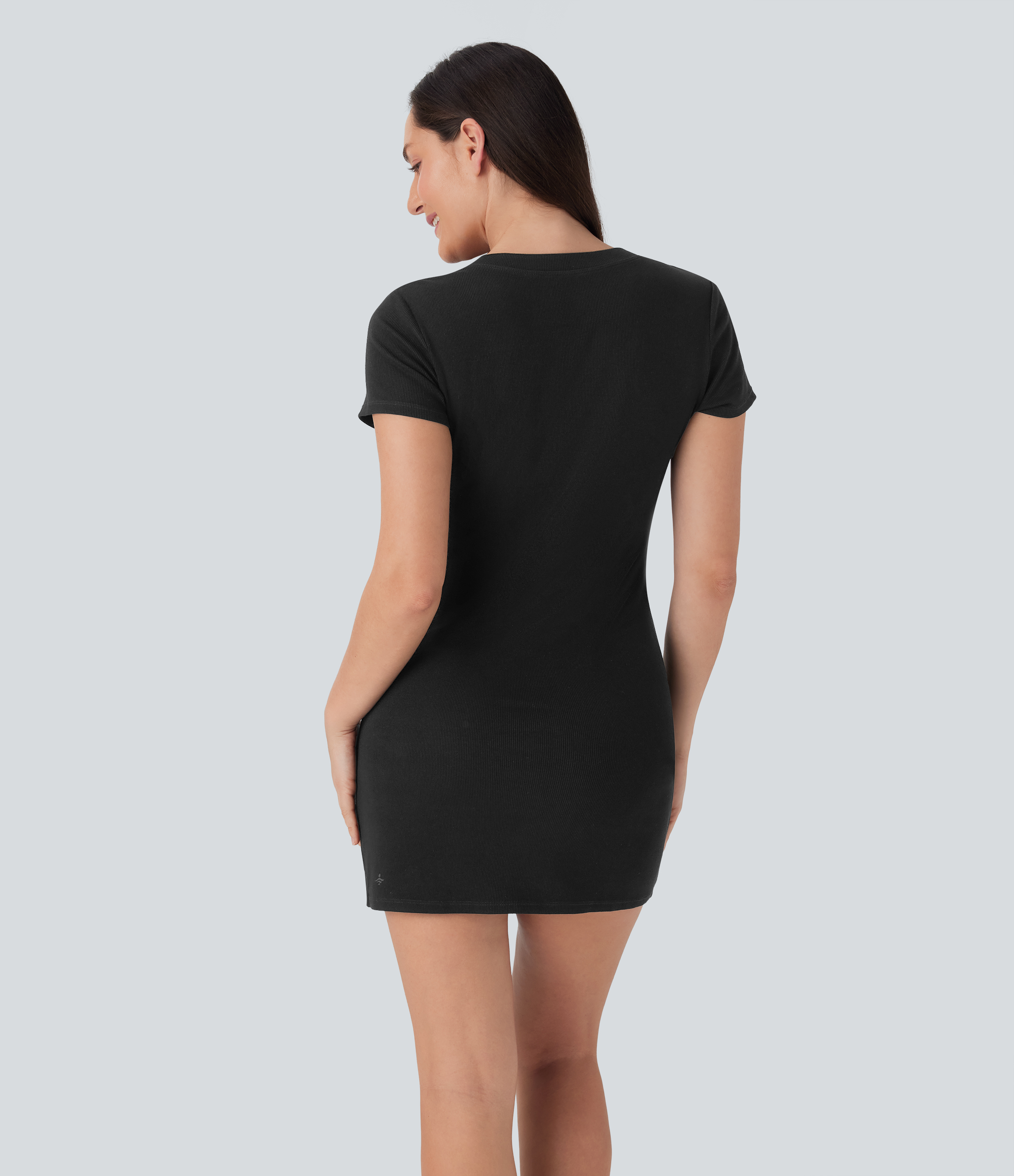 Black Vestido mini casual de punto acanalado con cuello redondo y botones / 2