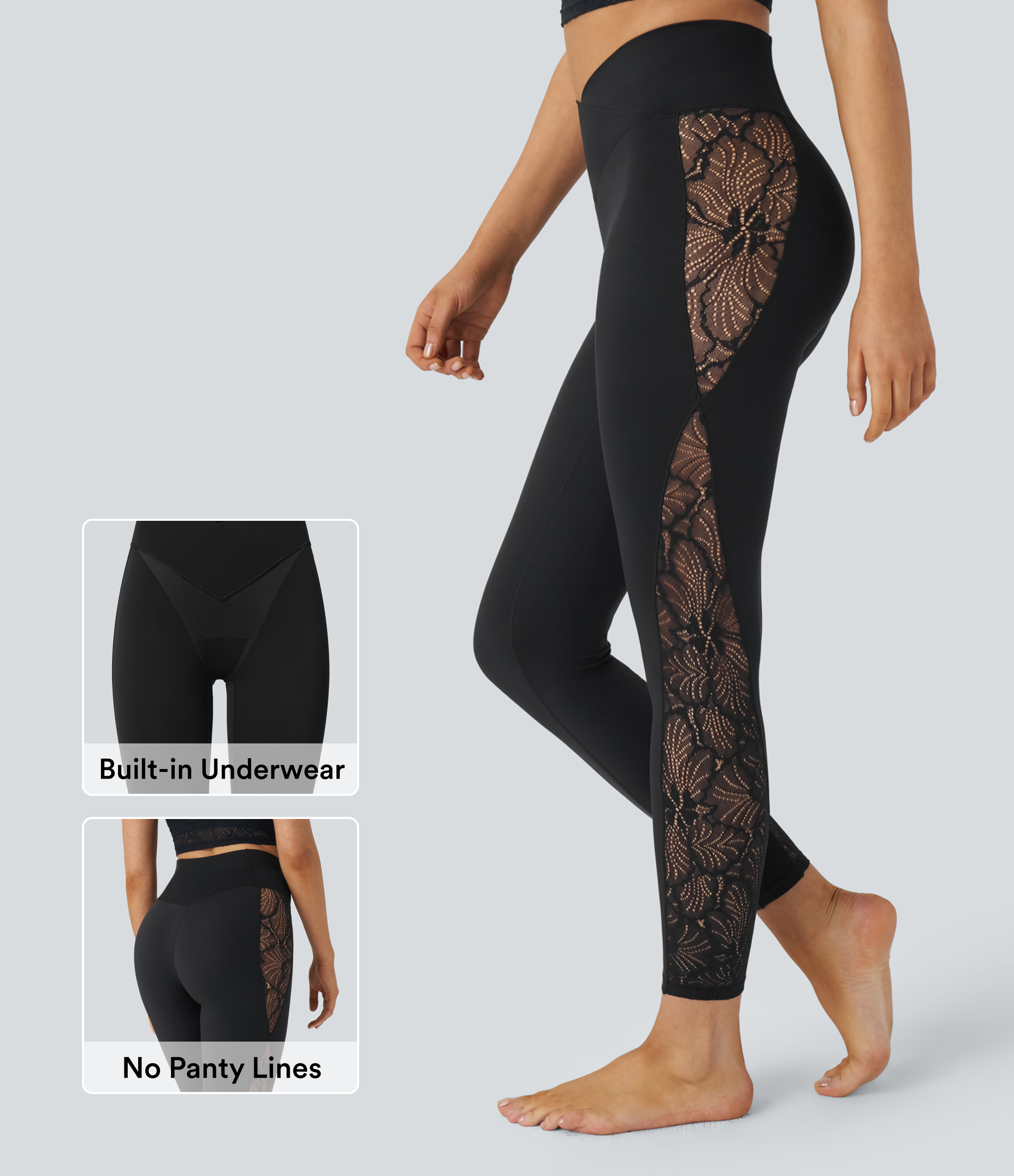 Softlyzero™ High Waisted Crossover Contrast Lace Built-in Underwear Yoga Leggings with Pocket-UPF50+