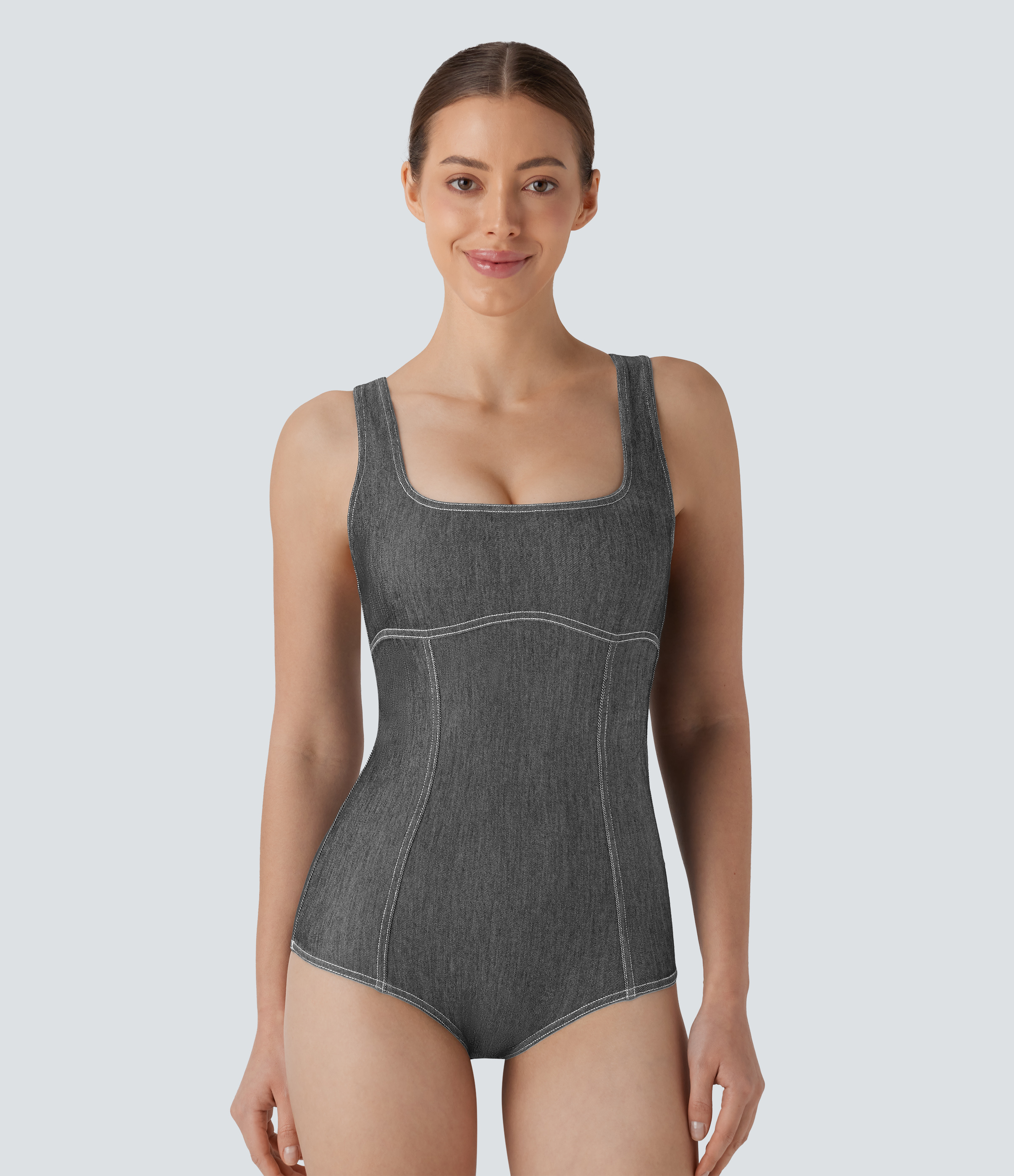Halara – Halara Flex™ – Gewaschener Tennis-Bodysuit aus elastischem Strick-Denim mit quadratischem Ausschnitt und Racerback – Meteorite Black Denim – S