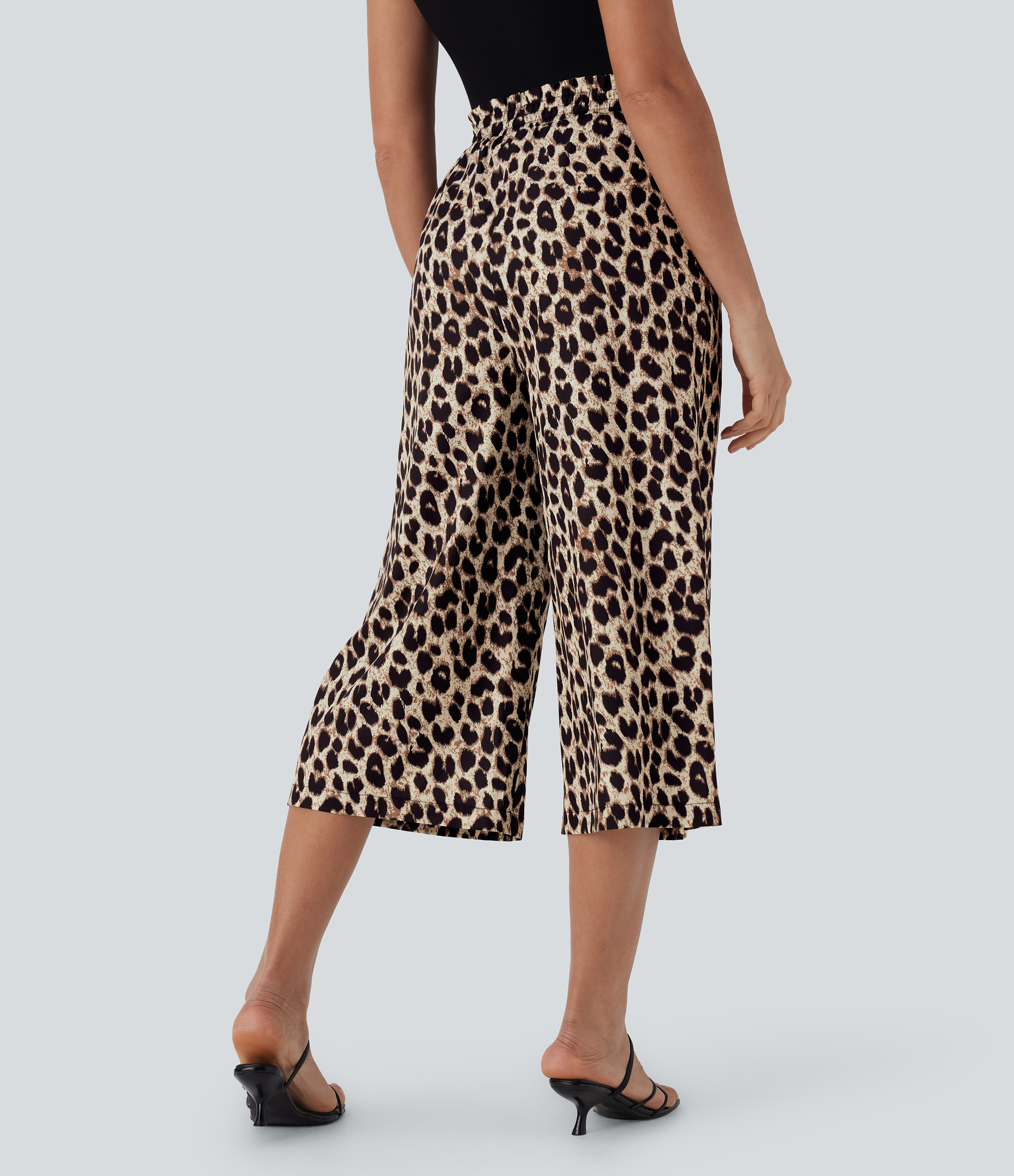 Gold Leopard Print Pantalones capri anchos casuales de tiro alto con cordón estampado de leopardo y bolsillos laterales / 2