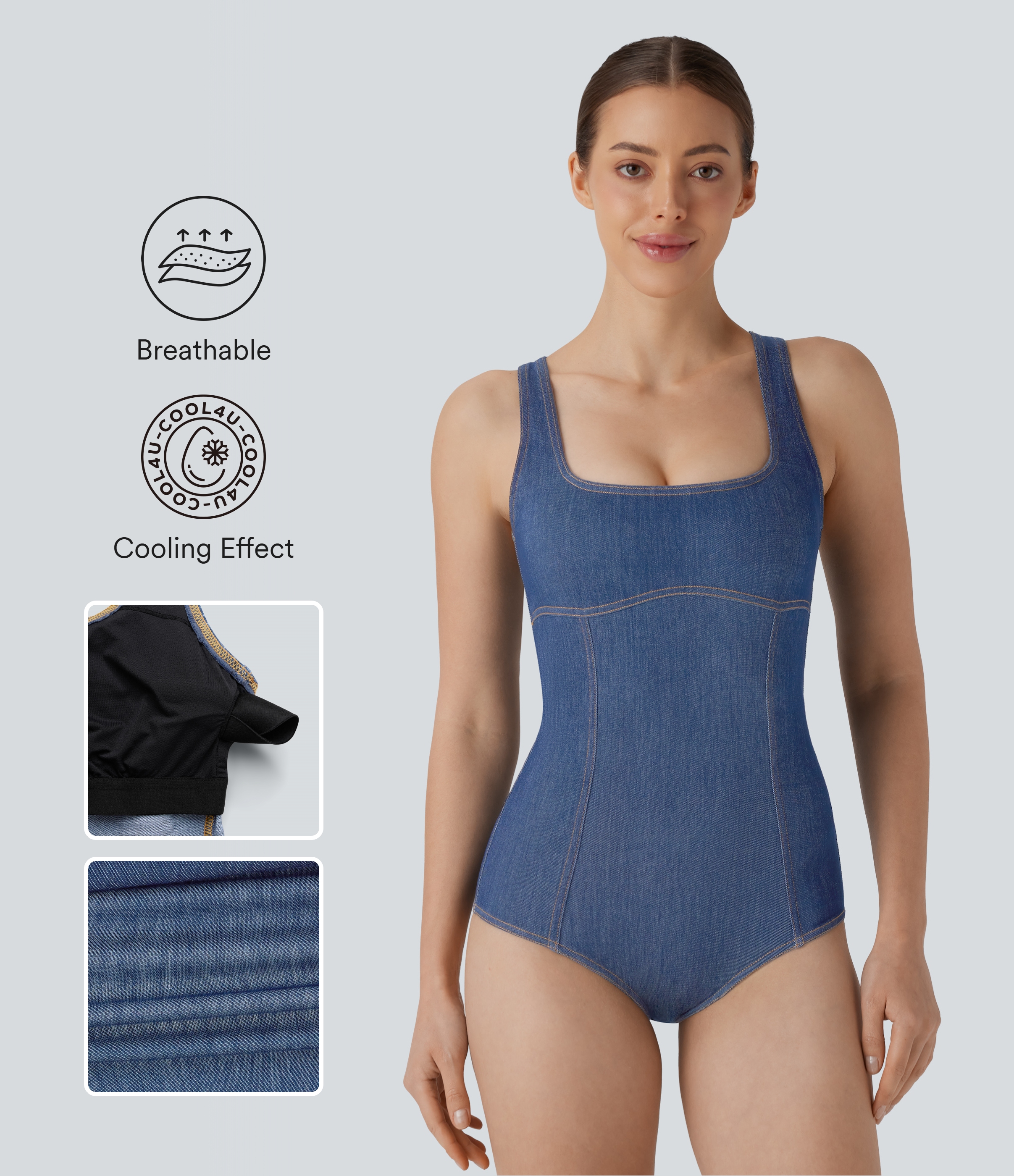 Halara – Halara Flex™ – Gewaschener Tennis-Bodysuit aus elastischem Strick-Denim mit quadratischem Ausschnitt und Racerback – Tide Blue Denim – XL