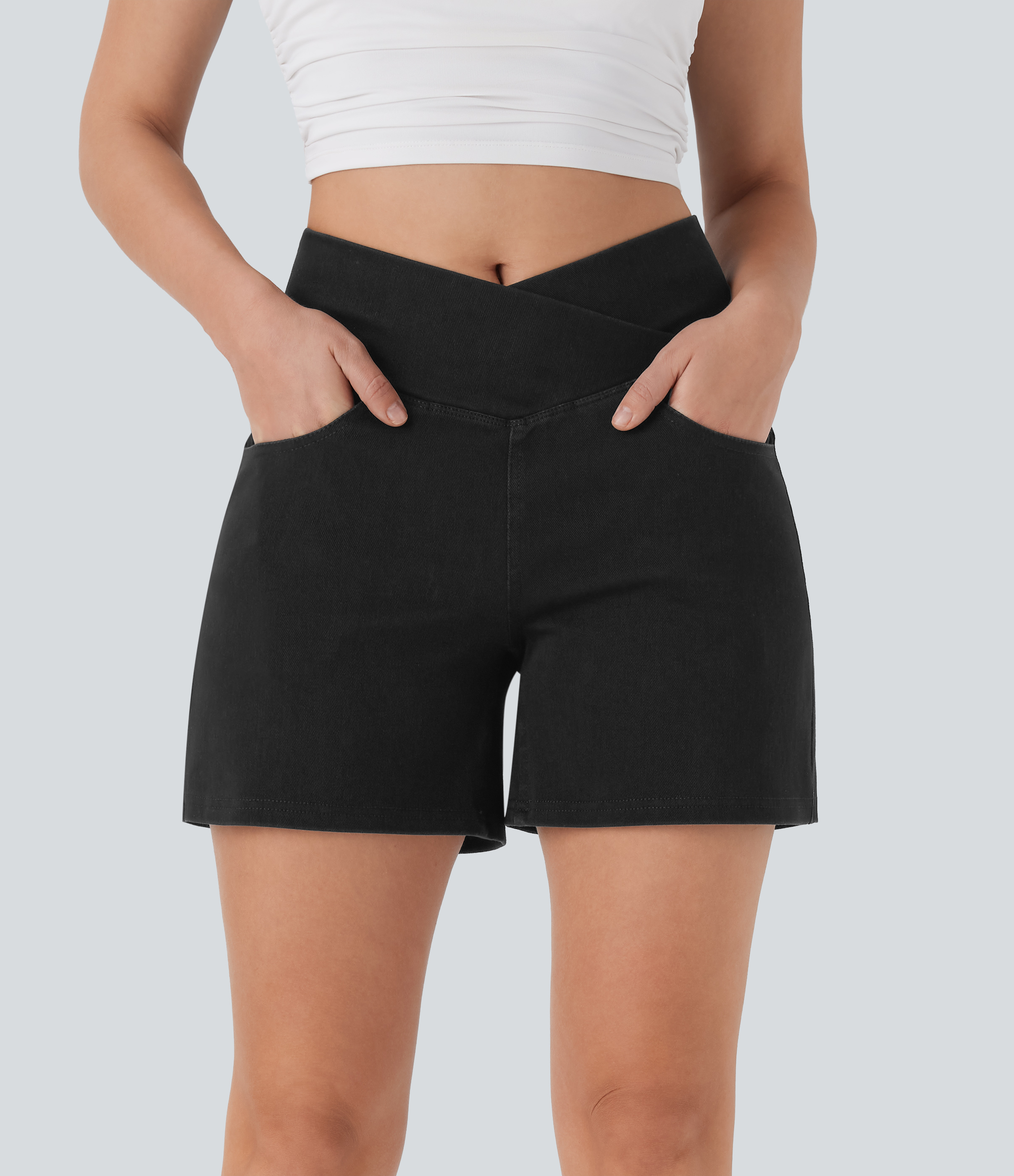 Halara Flex™ Crossover High Waisted Pockets Wide Leg A Line Washed Denim Casual Shorts