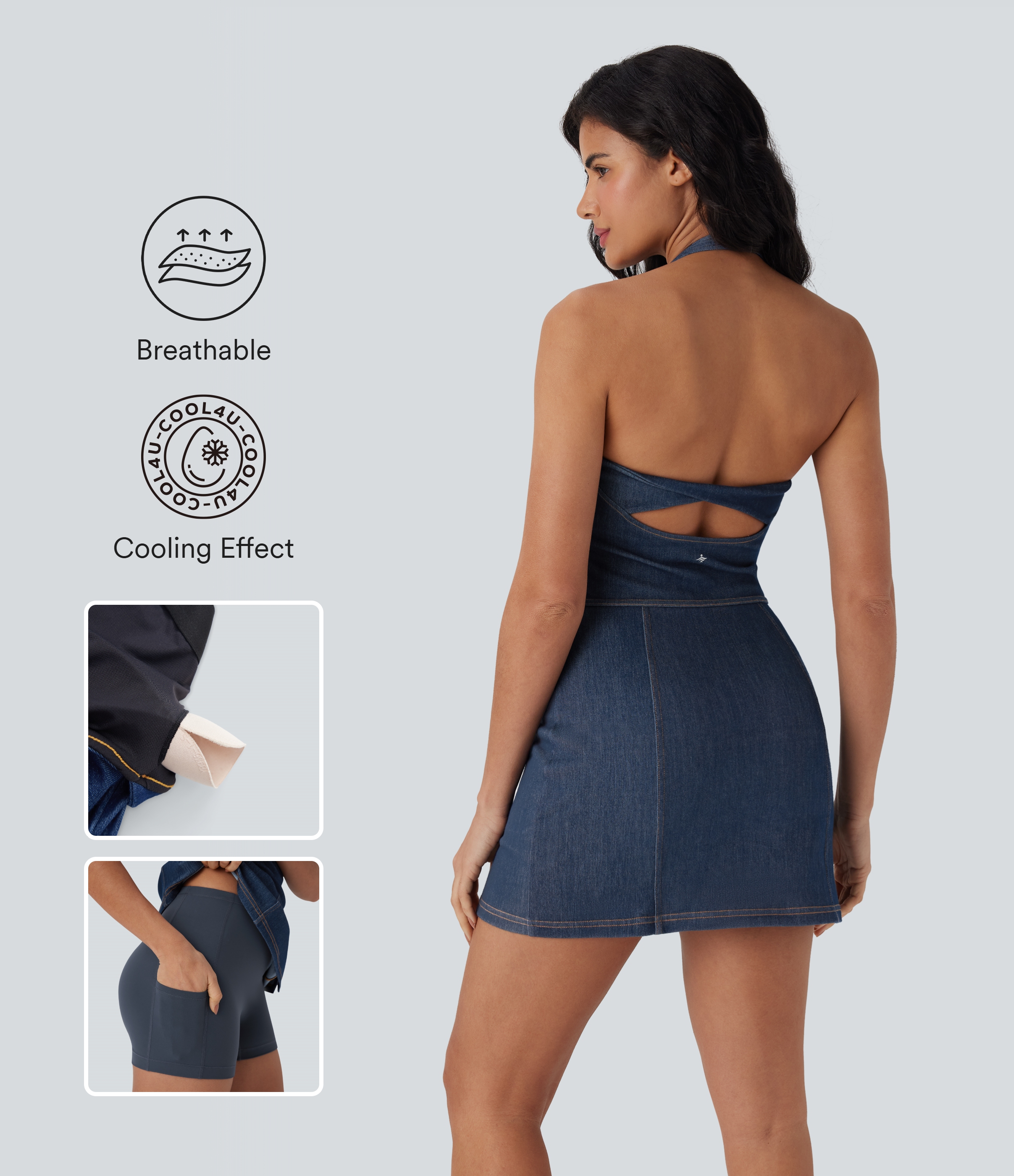 Vestido denim deportivo ajustado y elástico Halara Flex™ para tenis de dos piezas con cuello halter y espalda descubierta estilo desgastado frío al tacto con bolsillos laterales 