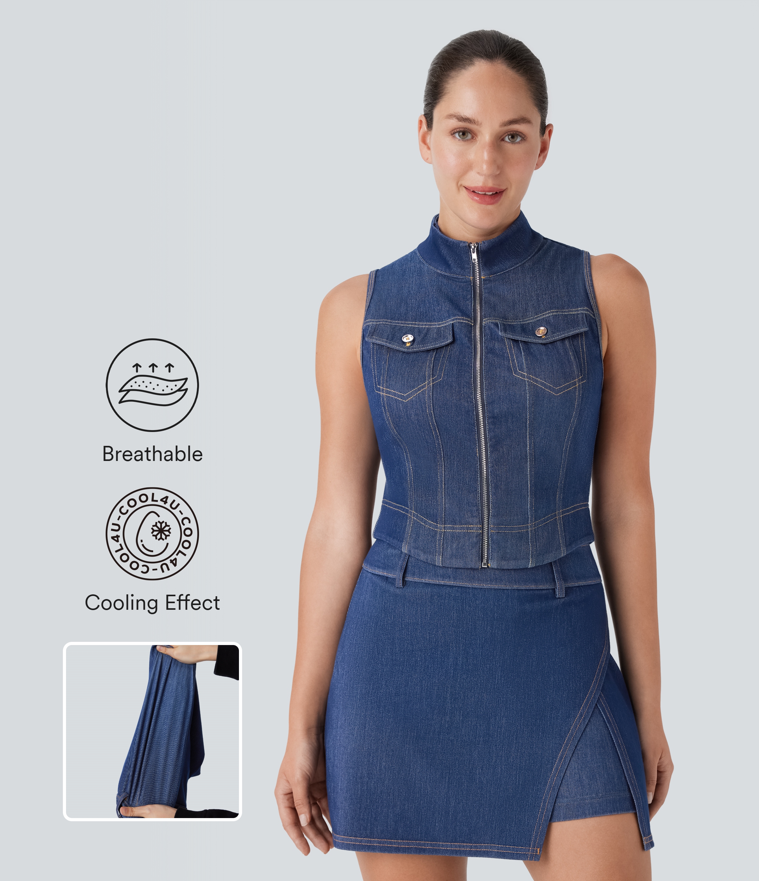 Halara – Halara Flex™ – Gewaschenes Tennis-Tanktop aus elastischem Strick-Denim mit Stehkragen, Reißverschluss und Cool Touch – Tide Blue Denim – M
