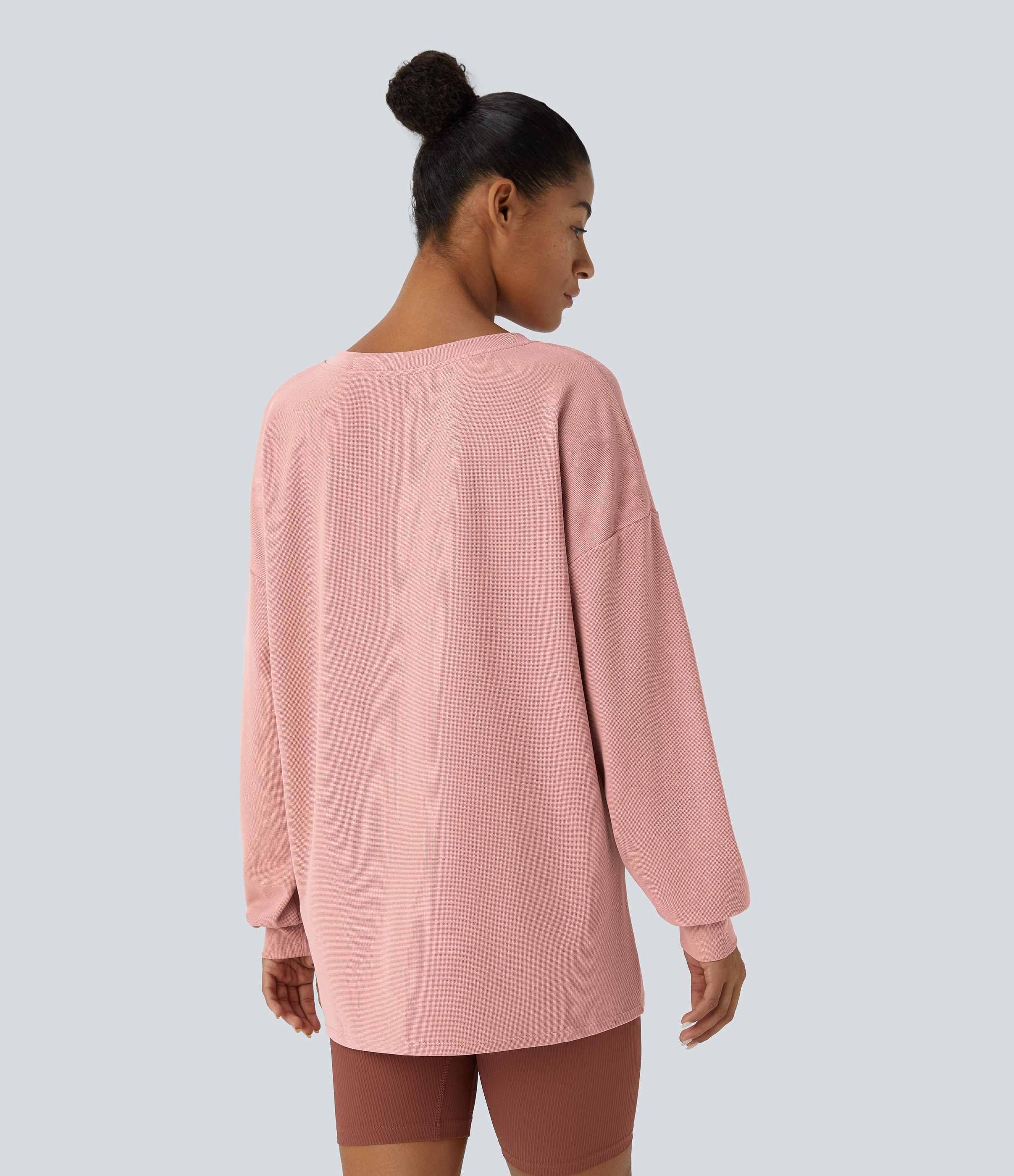 Rose Tan Sudadera holgada cuello V hombro caído / 2