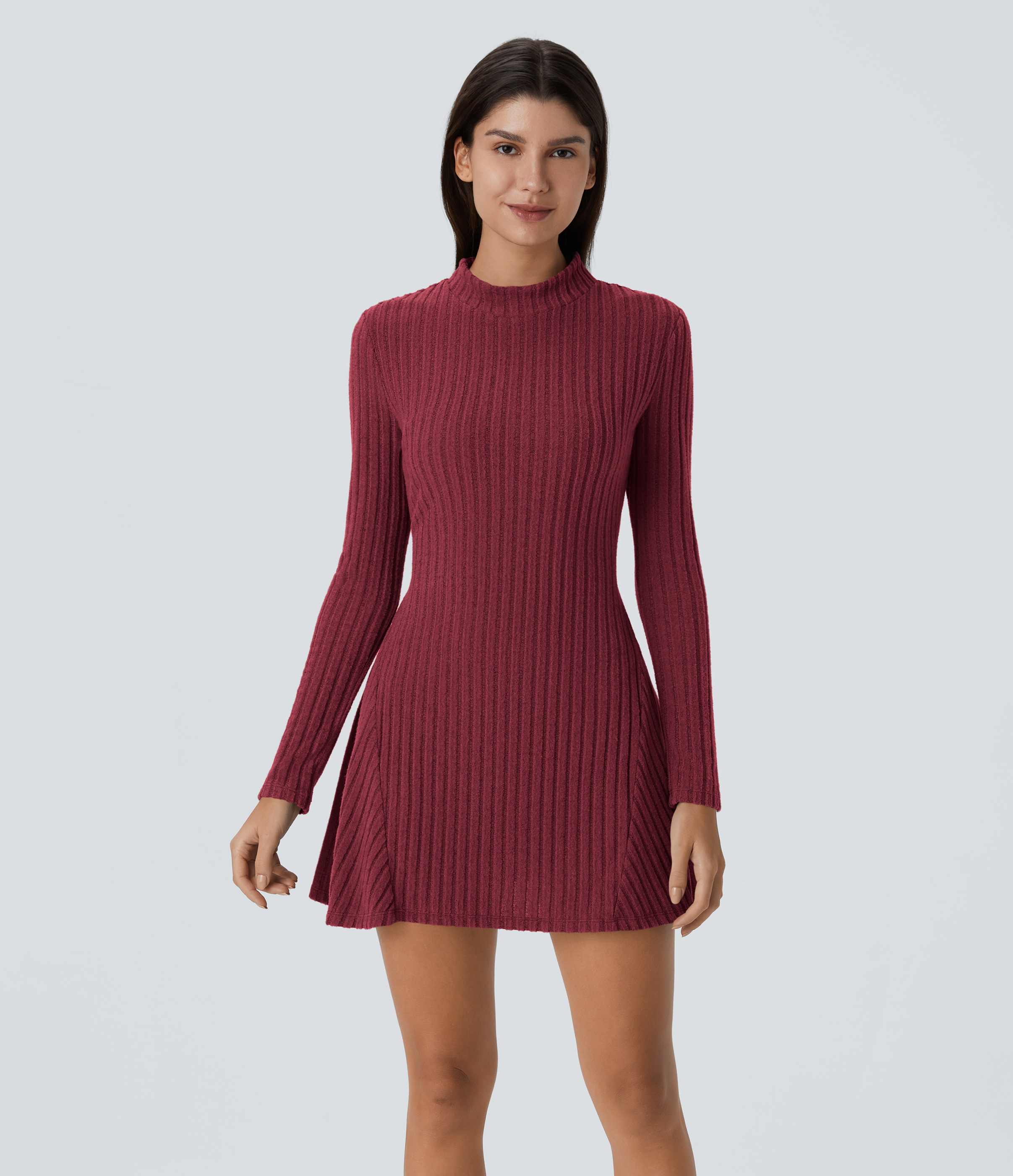 Ribbed Knit Stand Collar Long Sleeve Mini Casual Dress