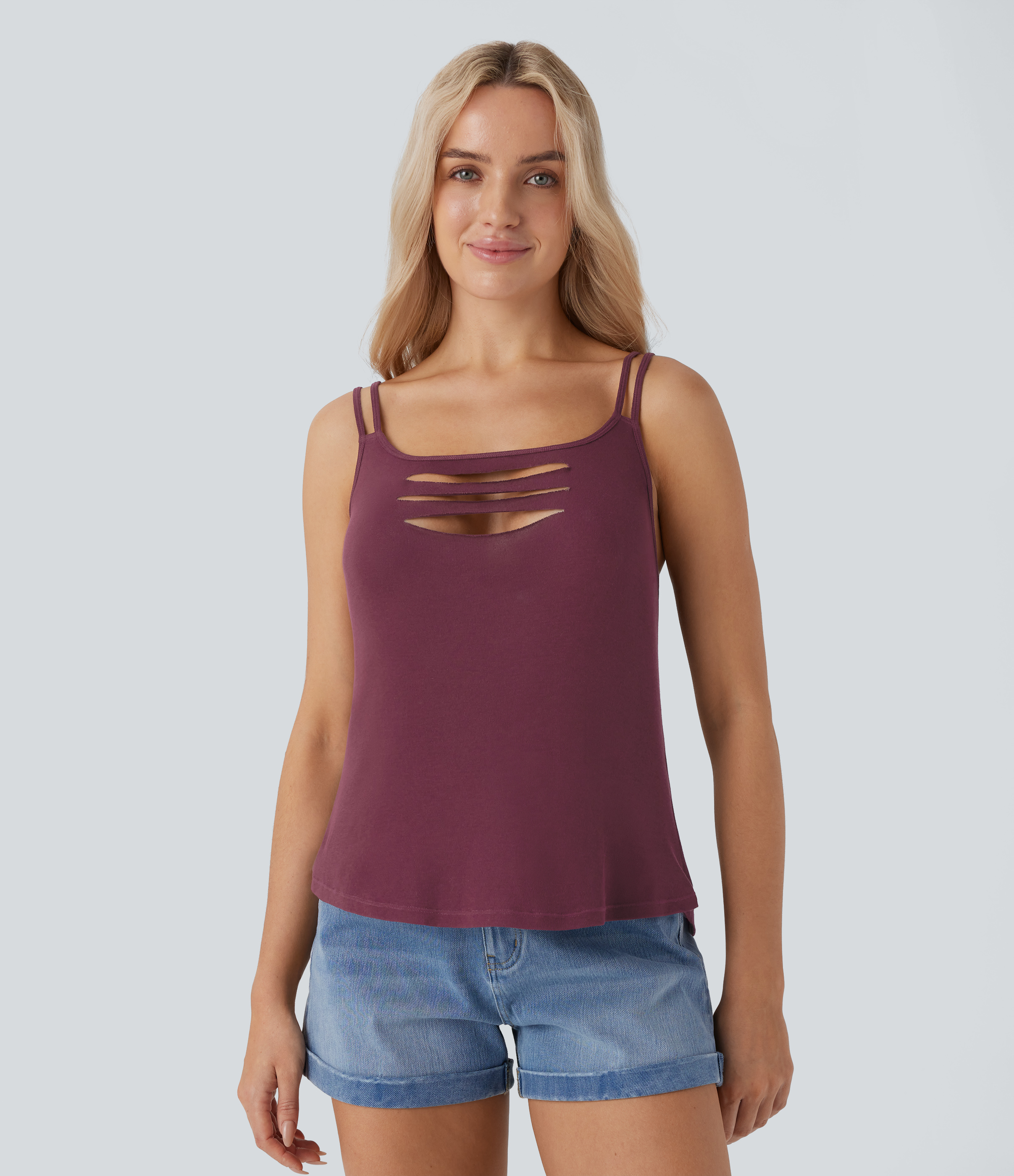 Ribbed Double Straps Ripped Cut Out Casual Tank Top