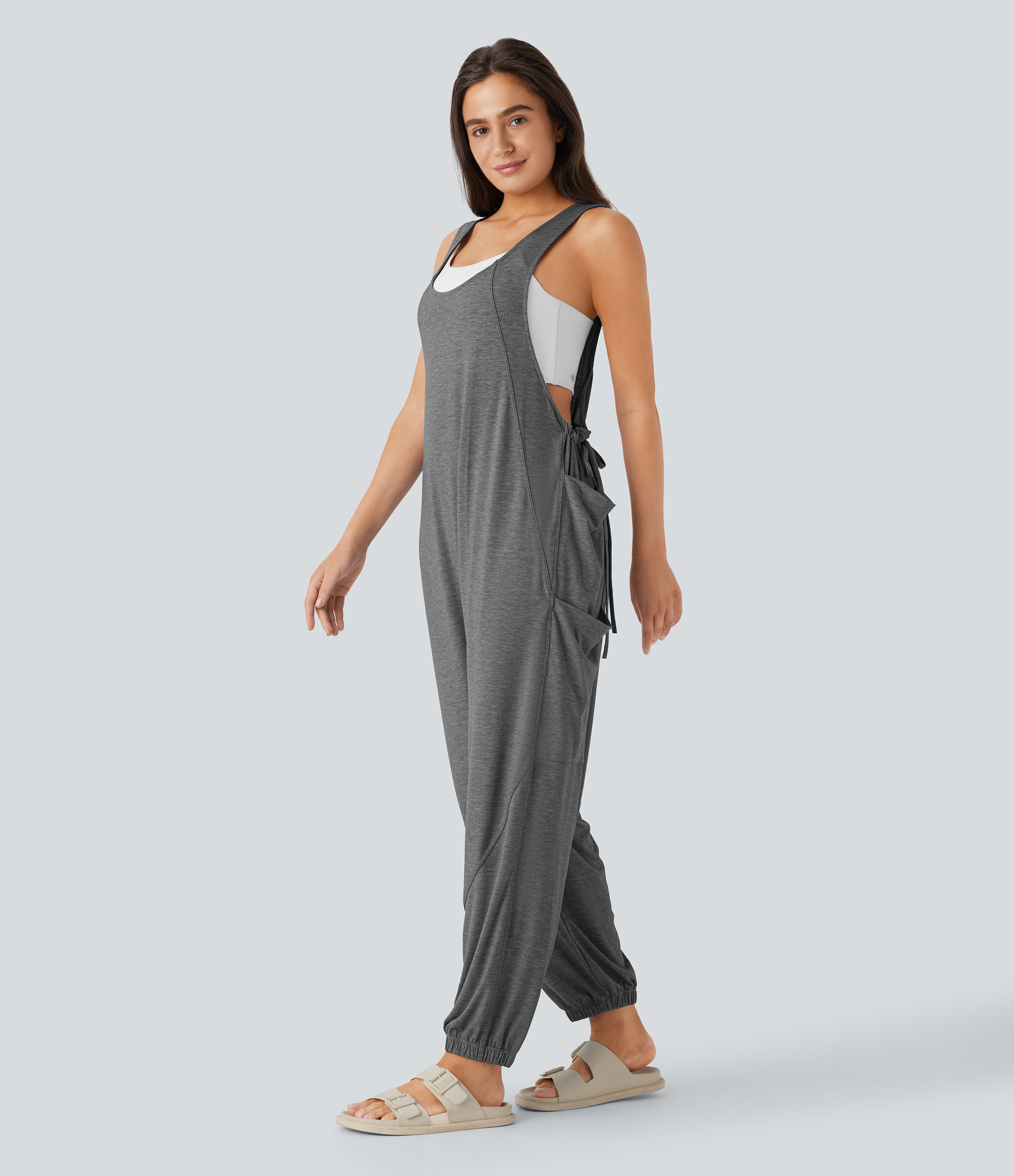 U Neck Drawstring Pockets Casual Jumpsuit