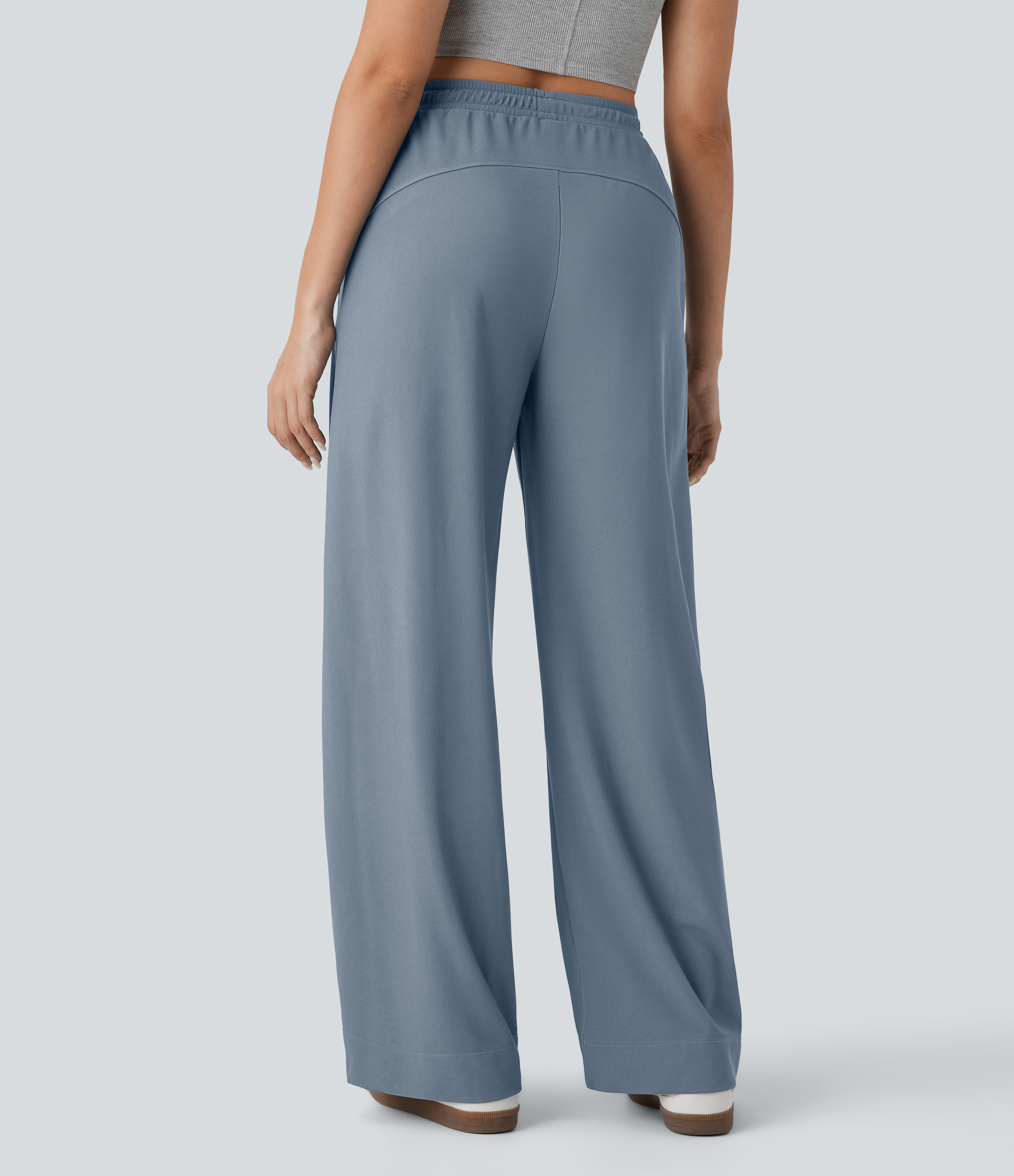 Lässige Micro-Waffel-Hose mit hohem Bund, Seitentaschen und geradem Bein