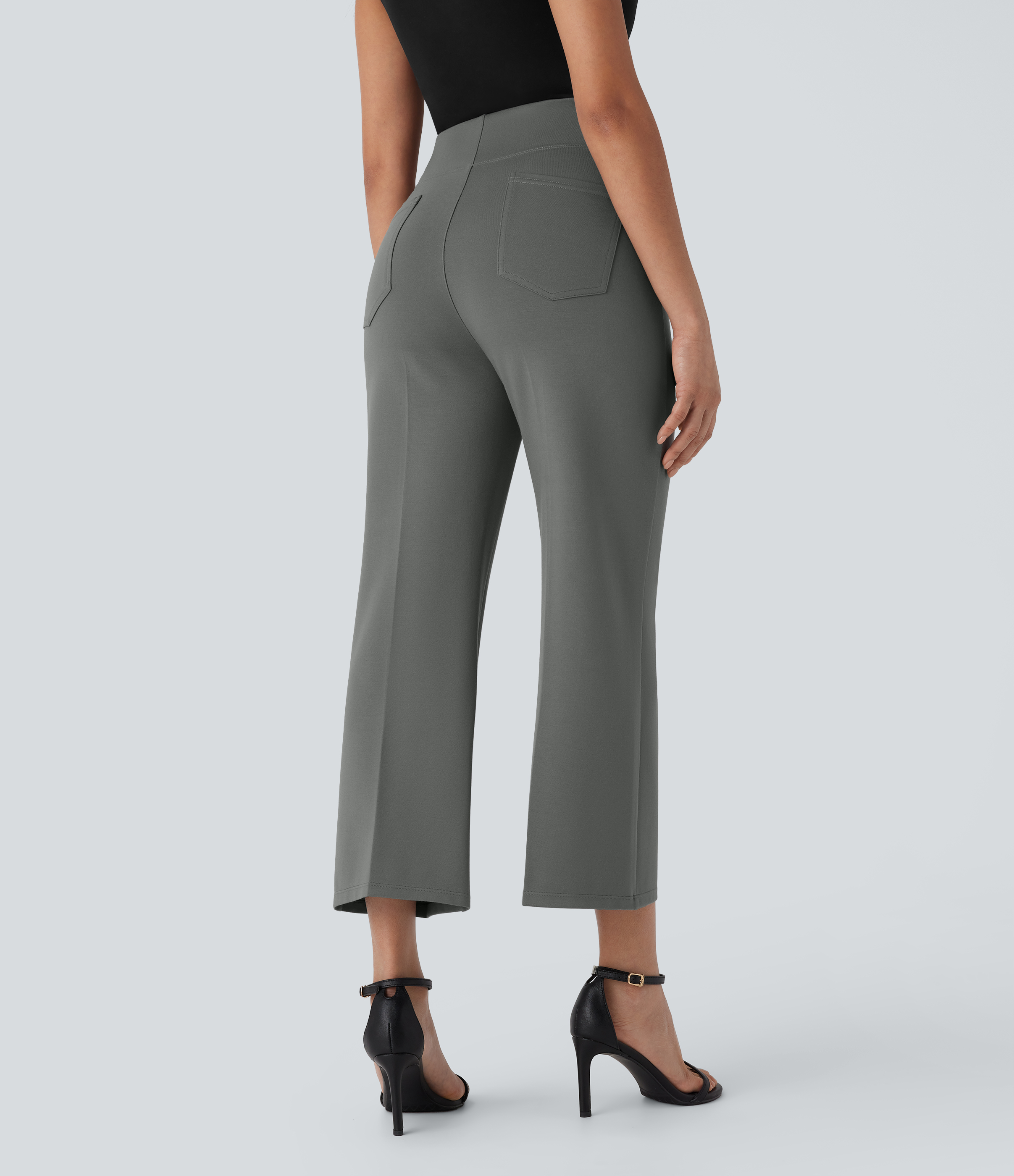 Putty Gray Pantalones de oficina Halara Flex™ de tiro alto con moldeador de abdomen con control de abdomen y bolsillos traseros laterales de corte ligeramente acampanado / 2
