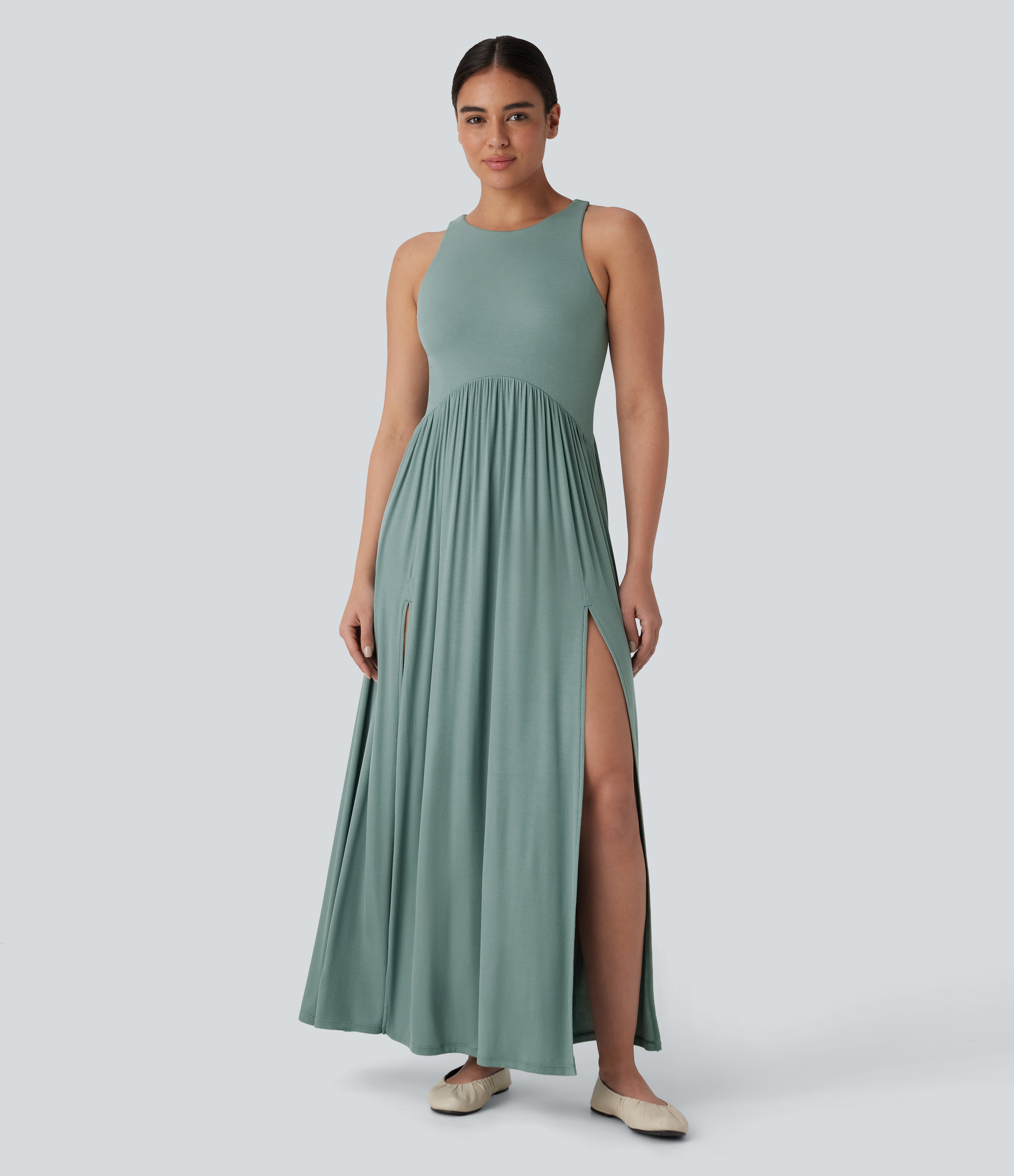 Clear Green Vestido maxi fluido espalda cruzada cuello redondo canalé sin espalda / 1