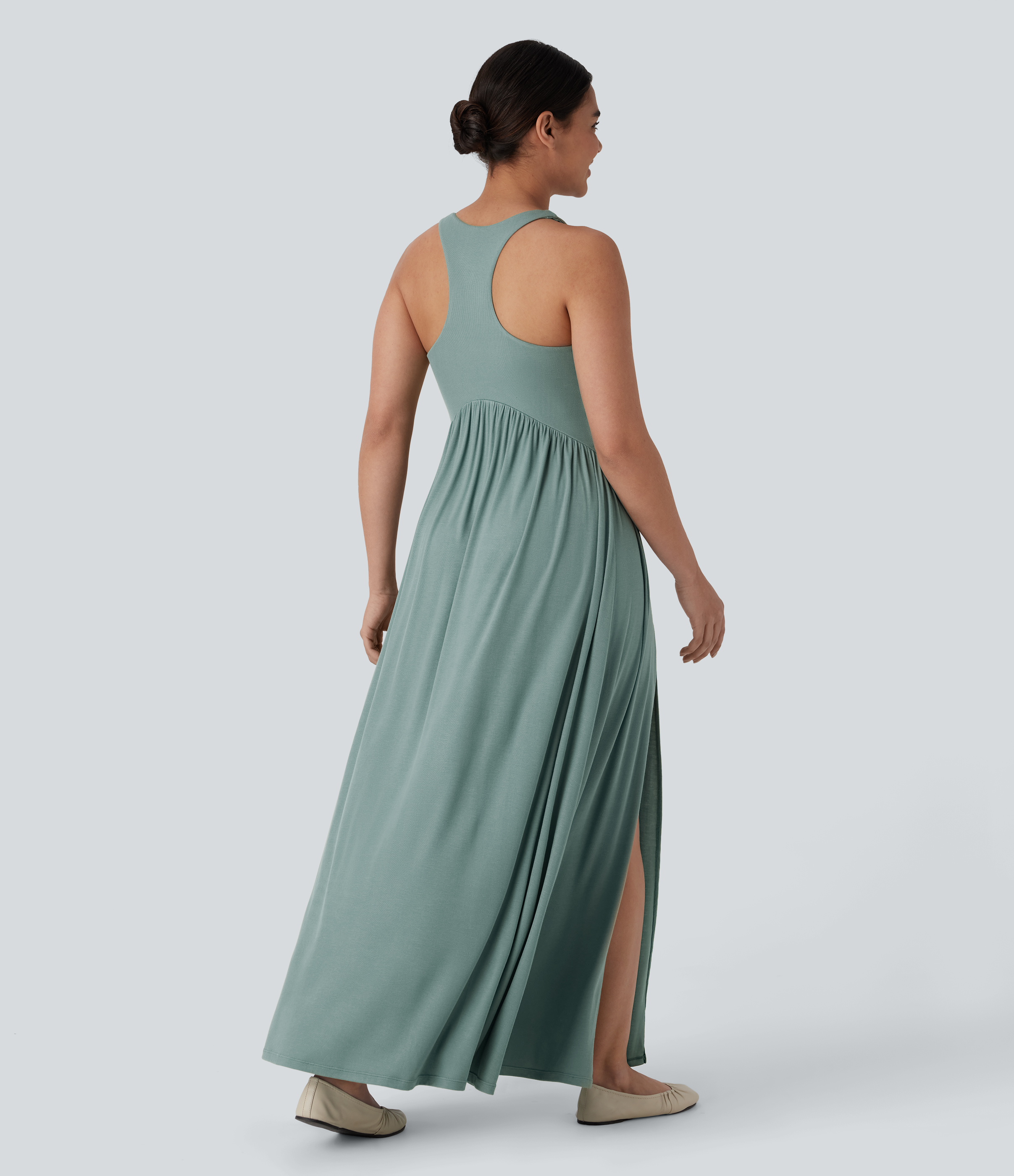 Clear Green Vestido maxi fluido espalda cruzada cuello redondo canalé sin espalda / 2