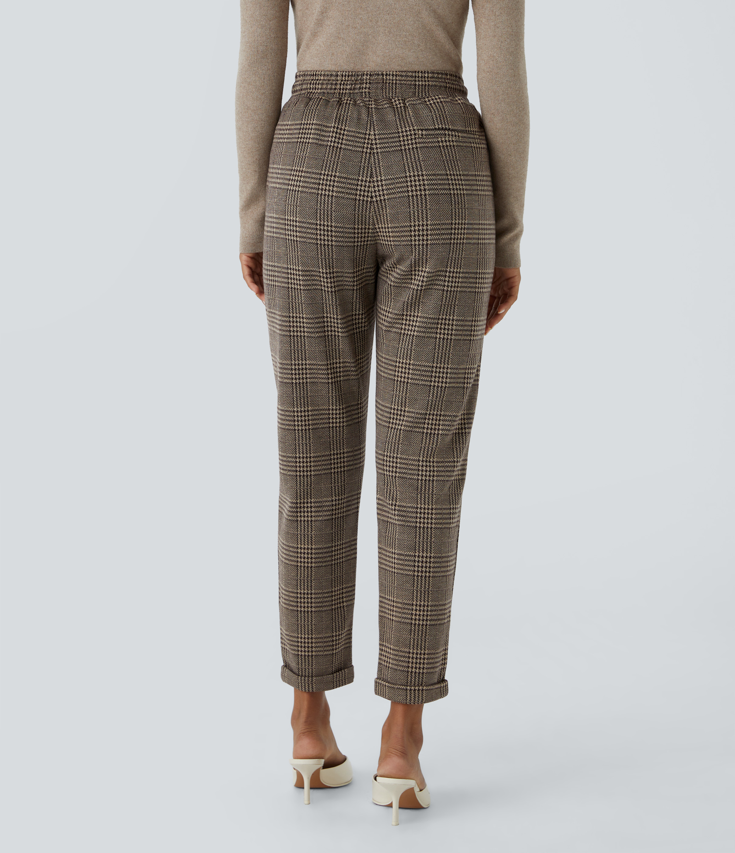 Brown Houndstooth Plaid Pantalón Halara Flex™ oficina pata gallo tiro alto bolsillo lateral cordón / 2