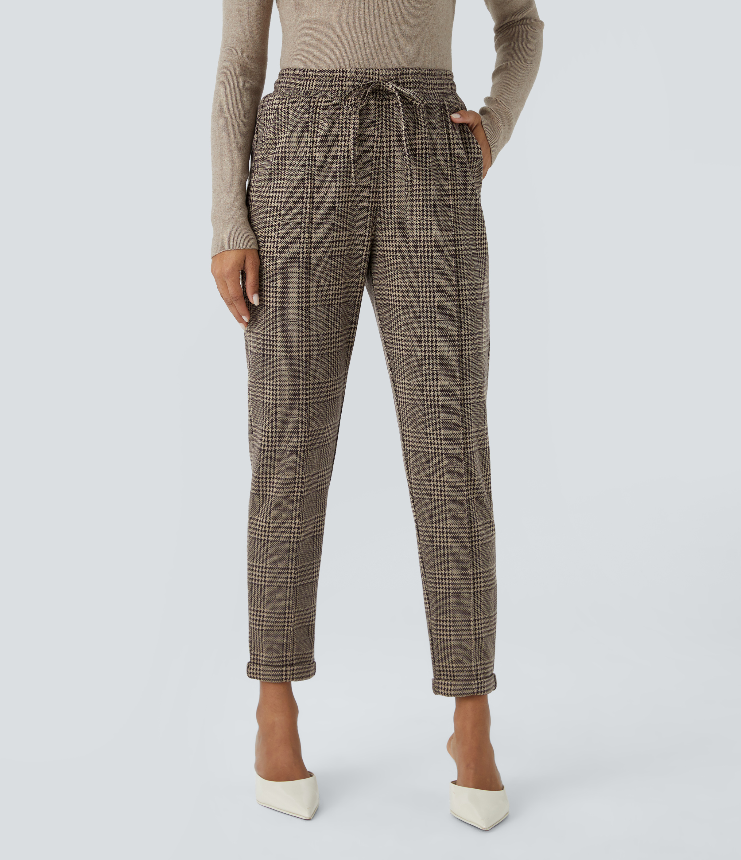 Brown Houndstooth Plaid Pantalón Halara Flex™ oficina pata gallo tiro alto bolsillo lateral cordón / 1
