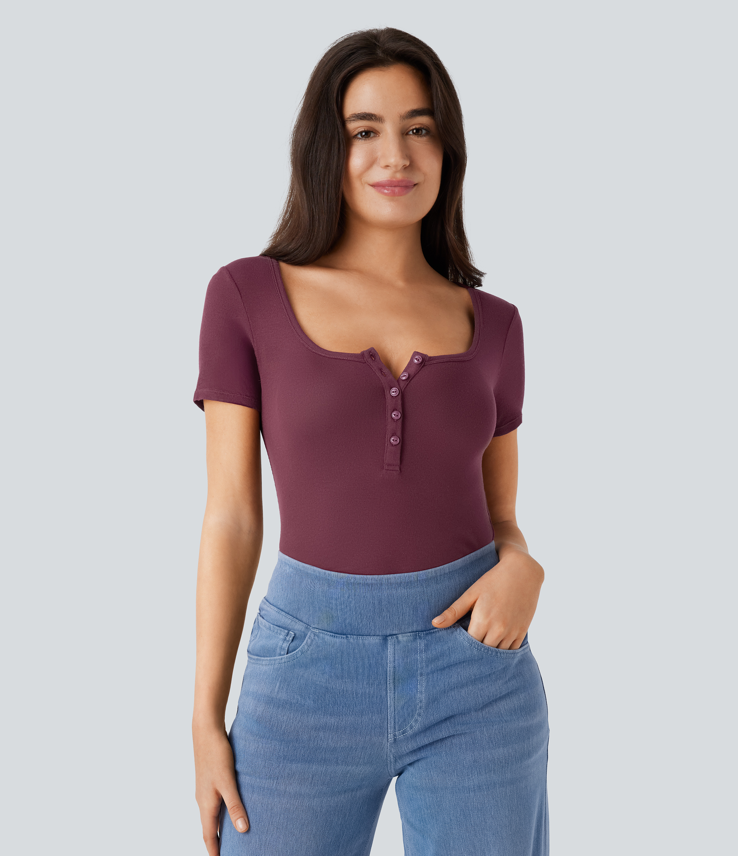 Ribbed Henley Neck Short Sleeve Slim Casual Top