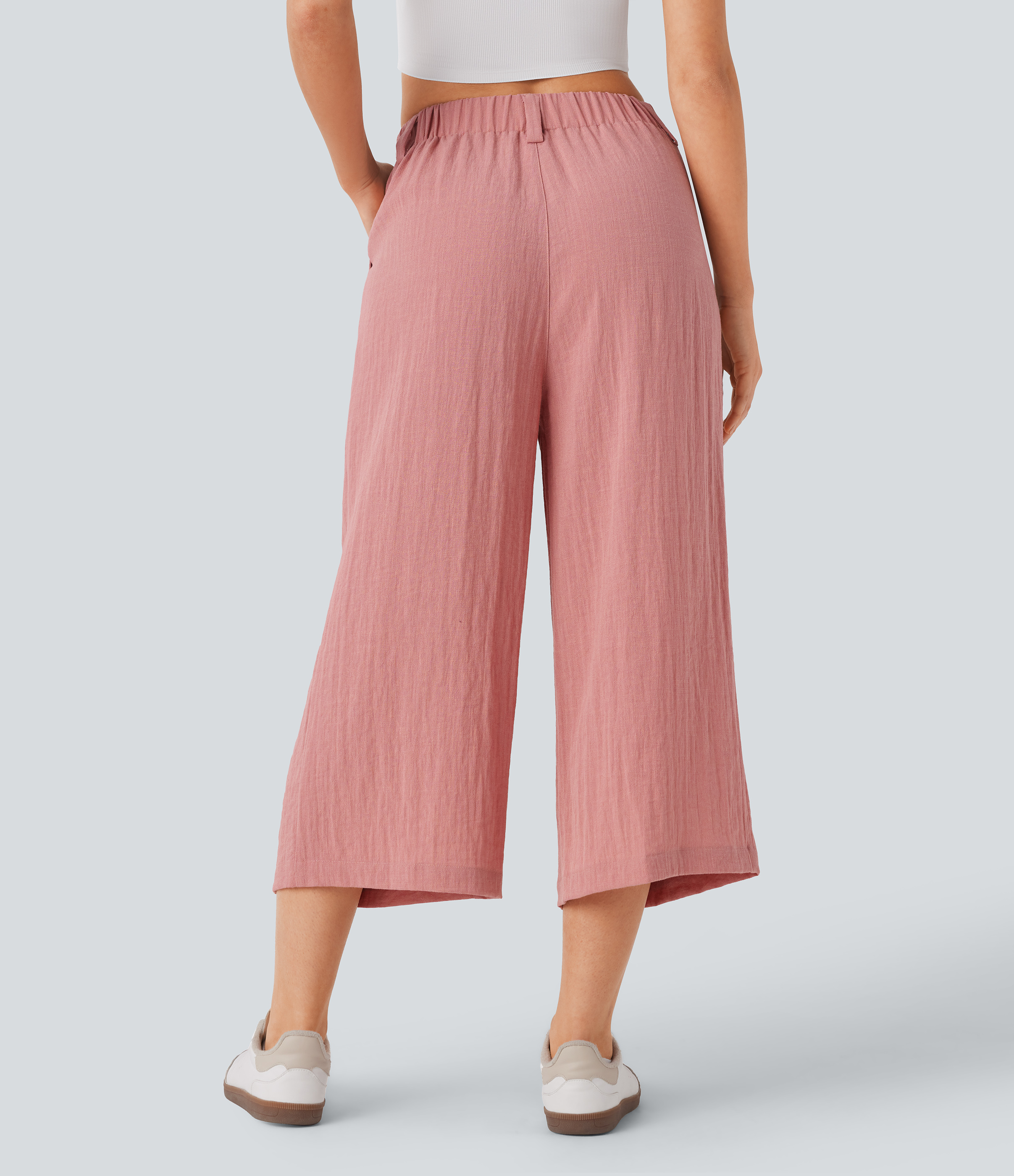 Rosette Pantalón capri lino tiro alto bolsillo lateral pierna ancha holgado color liso / 2