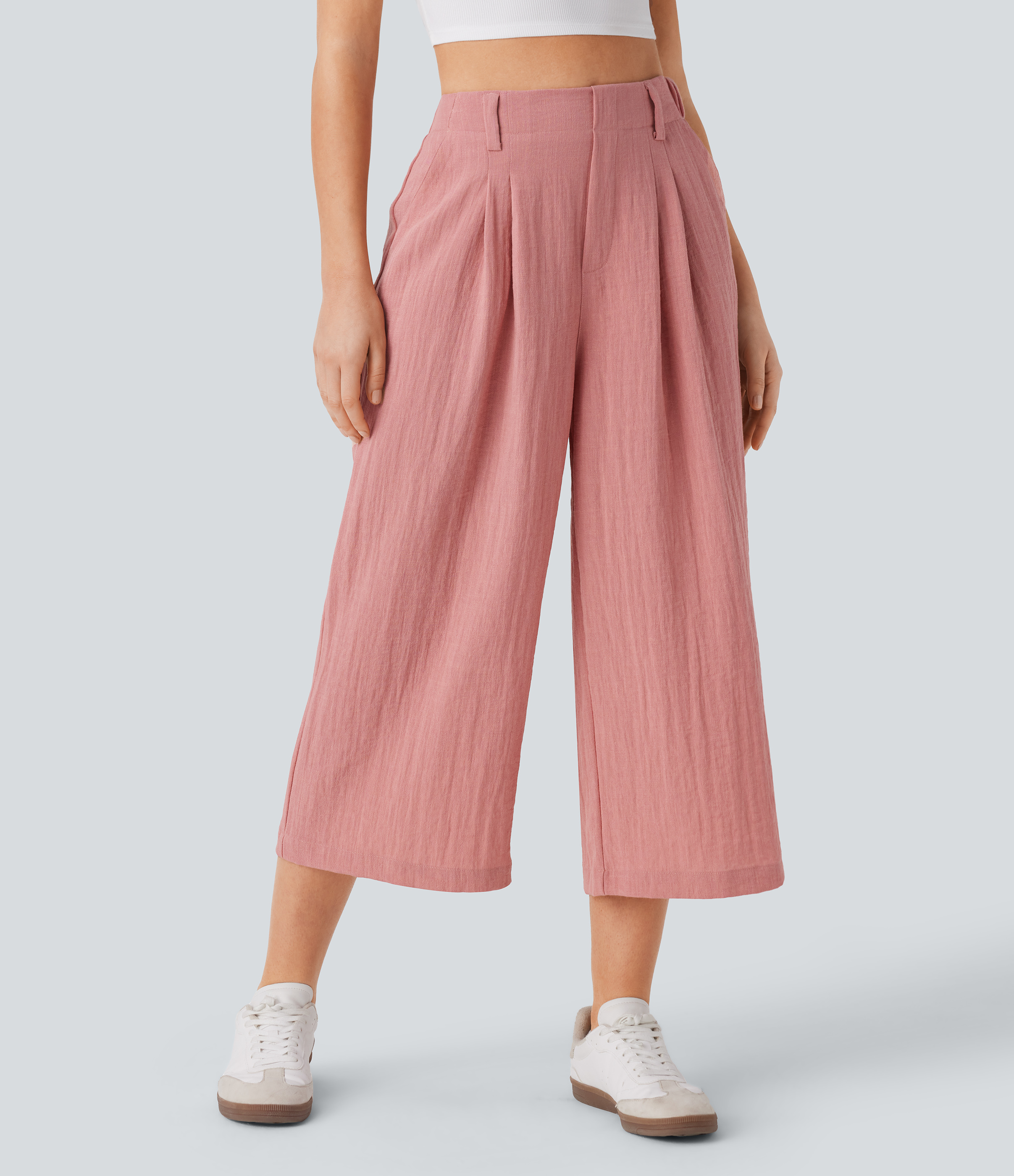 Pantalón capri lino tiro alto bolsillo lateral pierna ancha holgado color liso