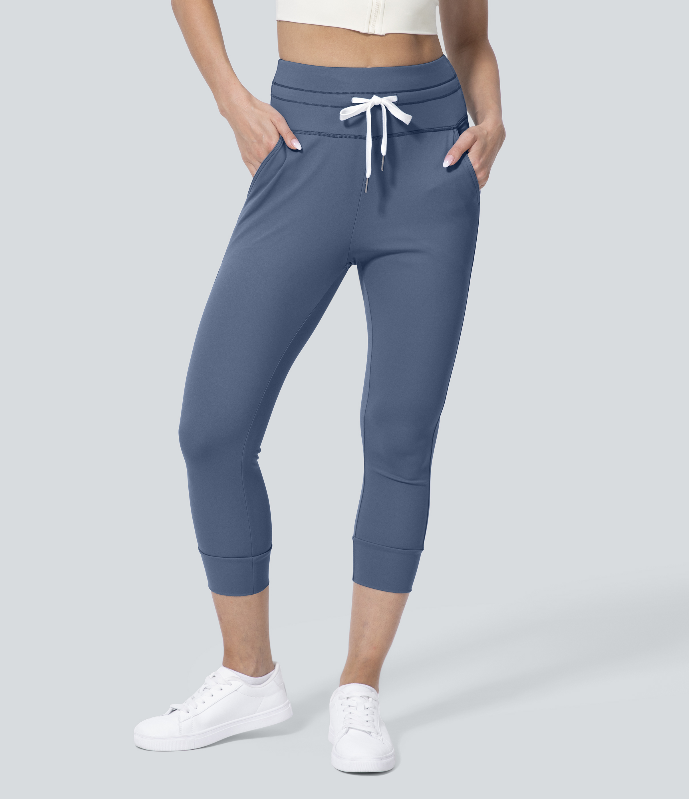 Grey Blue Pantalón yoga capri liso bolsillo lateral cordón tiro alto Softlyzero™ Plush / 2