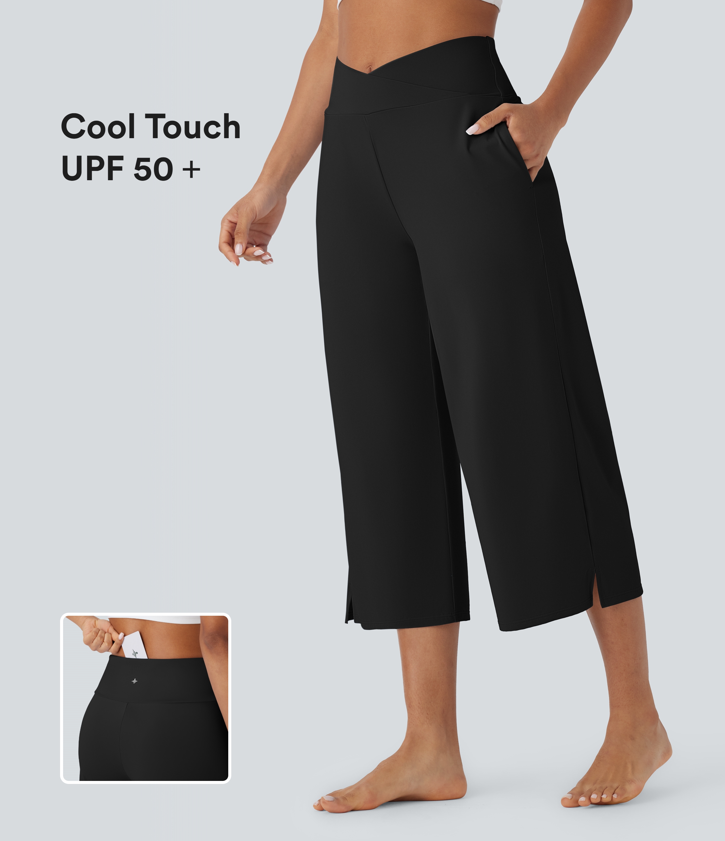 Crossover High Waisted Pockets Cool Touch Yoga Capri Pants-UPF50+