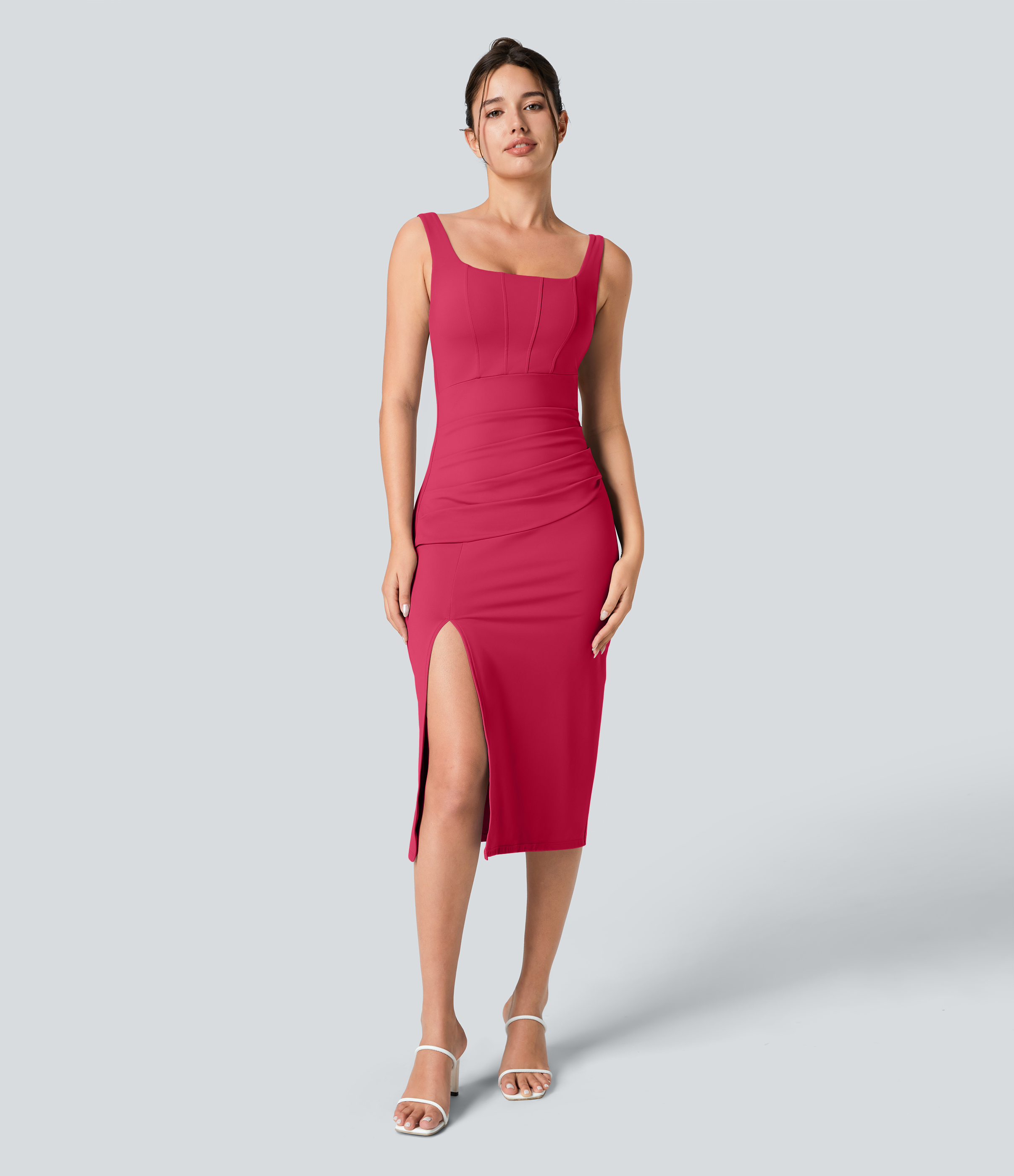 SoftlyZero™ Airy Square Neck Backless Corset Ruched Split Bodycon Midi Cool Touch Bridesmaid and Wedding Guest Dress