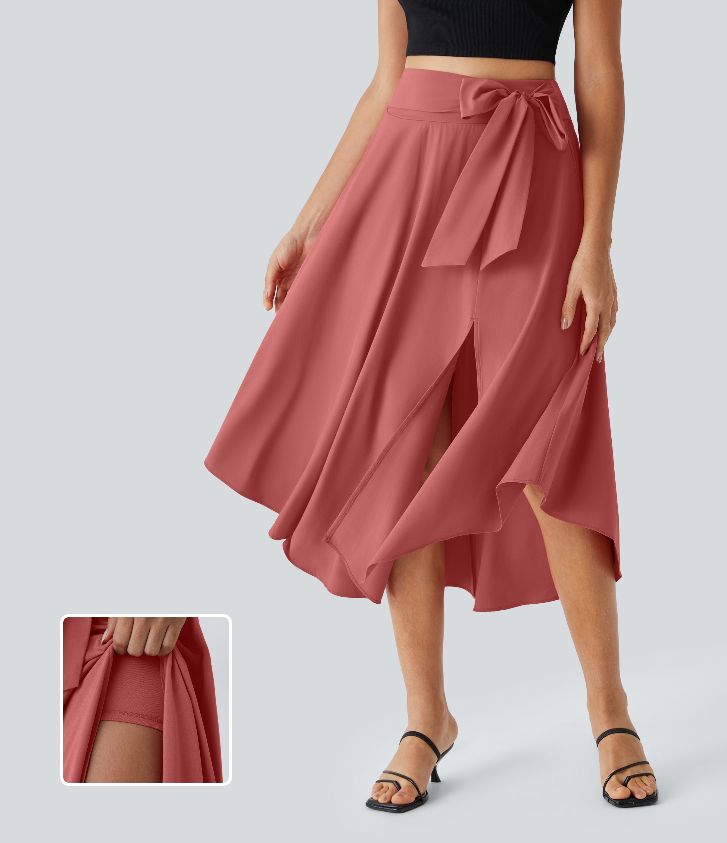 Breezeful™ High Waisted Tie Side Split 2-in-1 Curved Hem Flowy Quick Dry Midi Casual Skirt